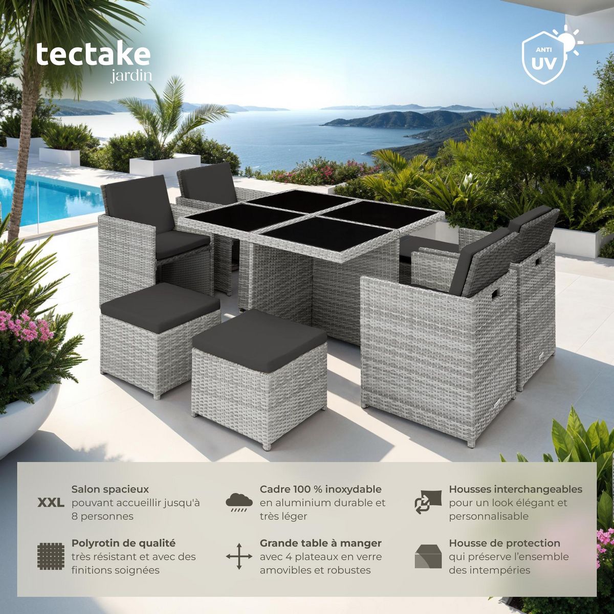 tectake Salon de jardin avec cadre en aluminium gris clair