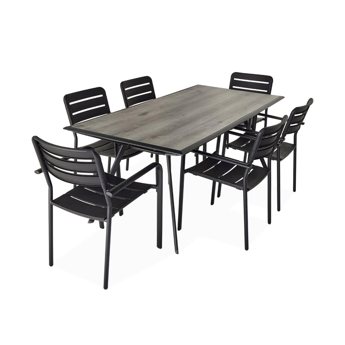 SWEEEK Table de jardin plateau effet bois structure acier 180 cm avec 6 fauteuils en acier incluses