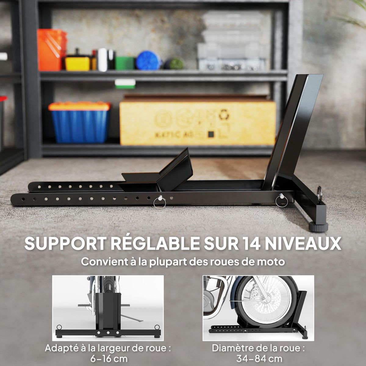 HOMCOM Bloque roue de moto pour pneu avant, cale roue moto en acier, support de verrouillage réglable sur 14 niveaux, pour Ø 34-84 cm, capacité 816,5 kg, noir