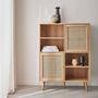 Voir la diapositive 2 : SWEEEK Buffet de rangement cannage et effet bois. buffet haut. vaisselier. 2 portes et 2 étagères style bohème 90cm
