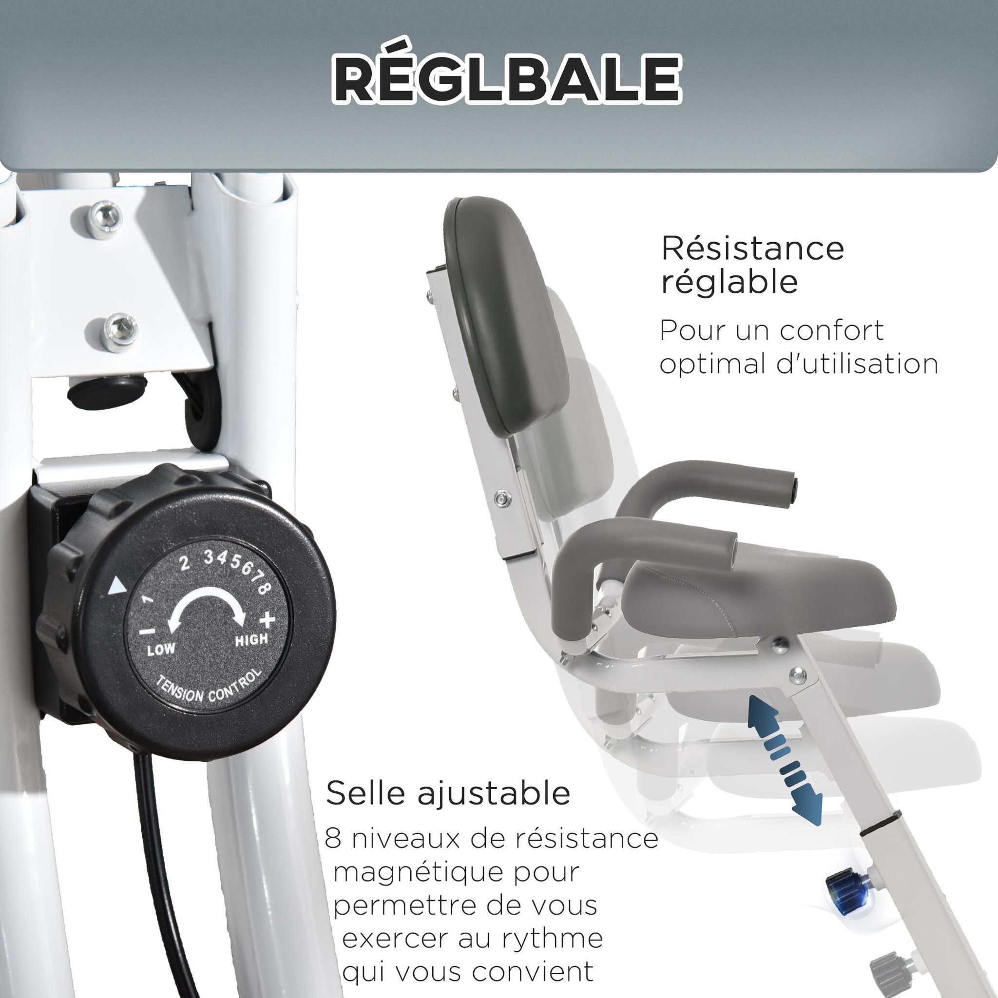 Voir la diapositive 6 : HOMCOM Vélo d'appartement pliable grand confort dossier selle réglable poignées ergonomiques écran LCD multifonction support tablette acier blanc gris