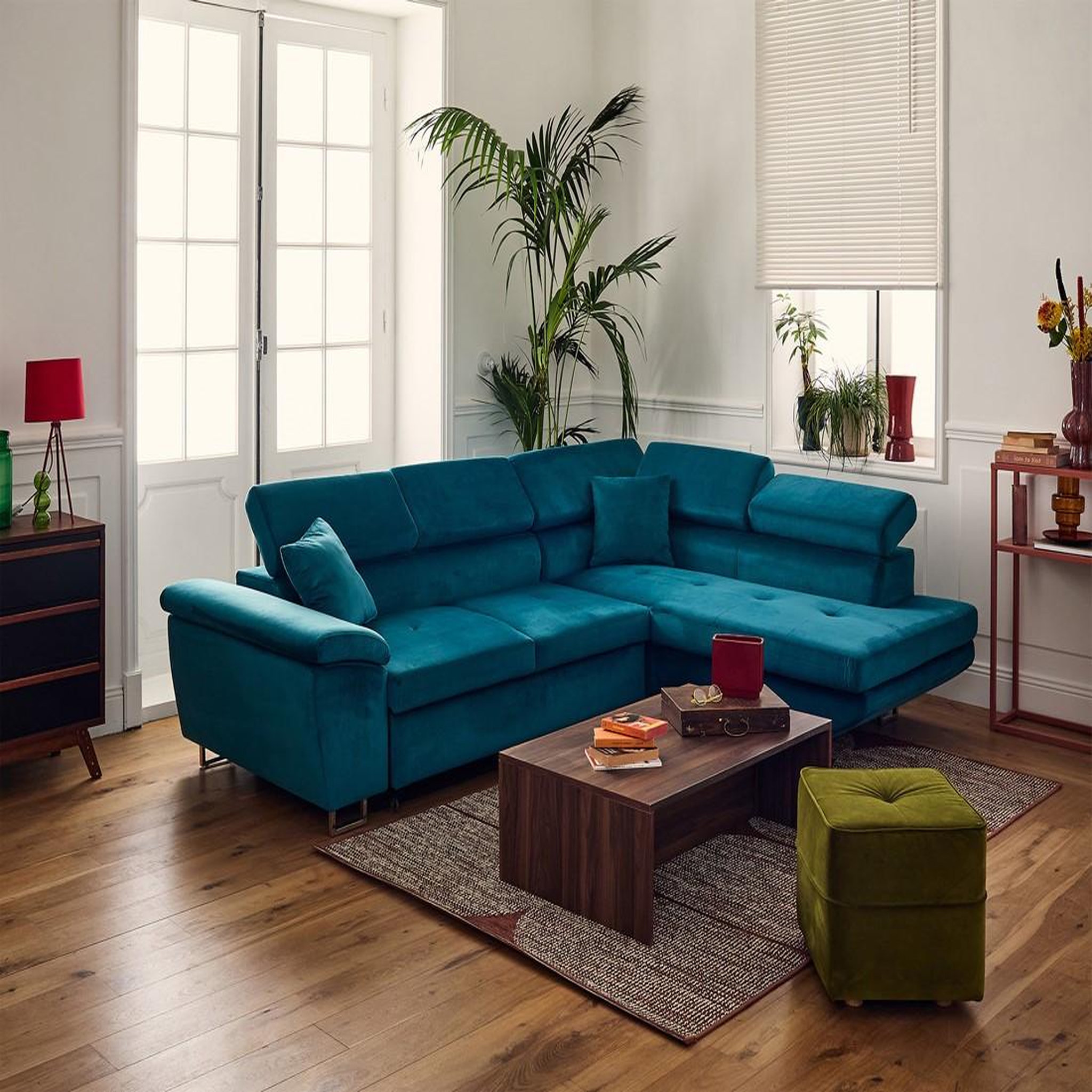 Voir la diapositive 5 : BEST MOBILIER Dimas - canapé d'angle droit 5 places - convertible avec coffre et têtières réglables - en velours