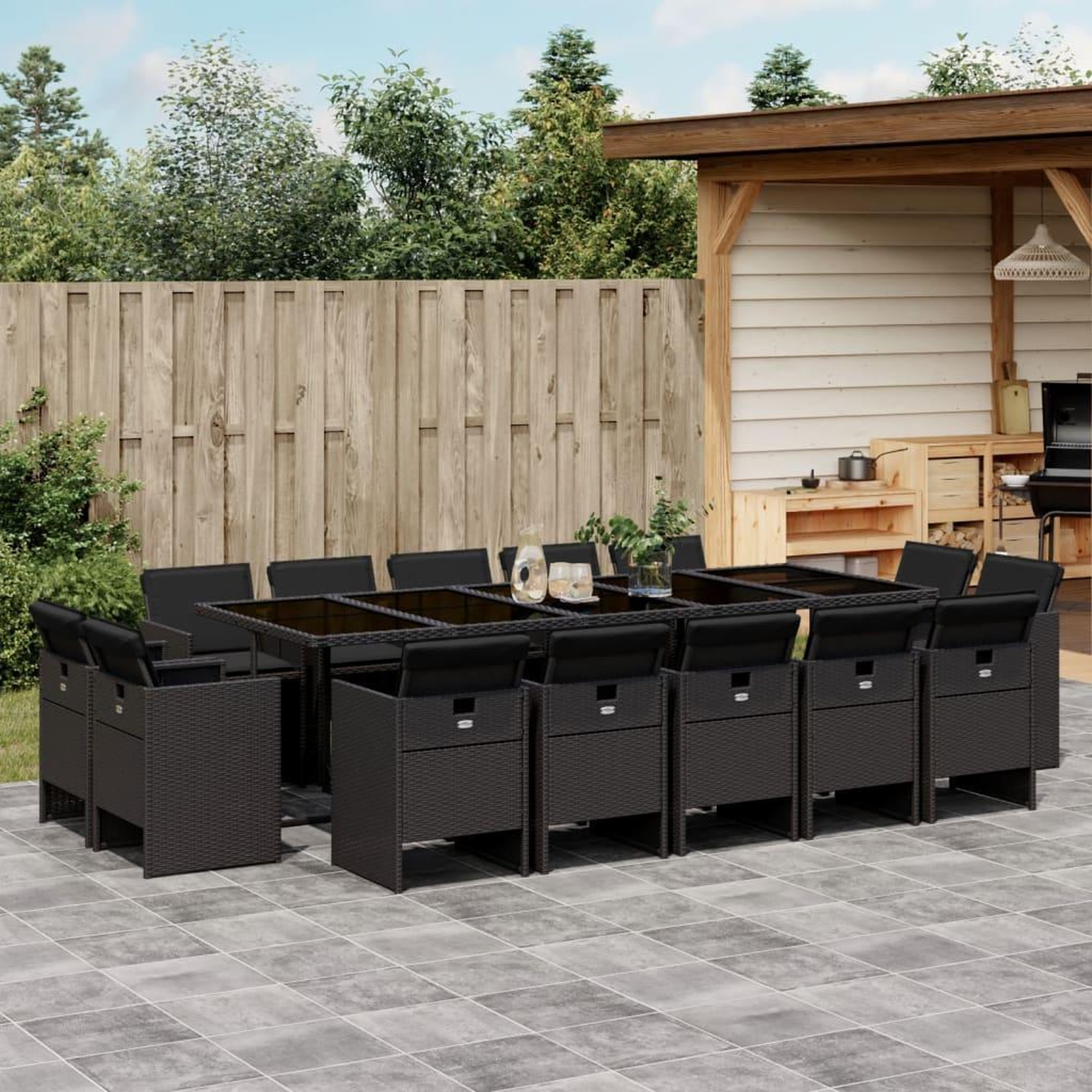 VIDAXL Ensemble a manger de jardin 15 pcs coussins noir resine tressee