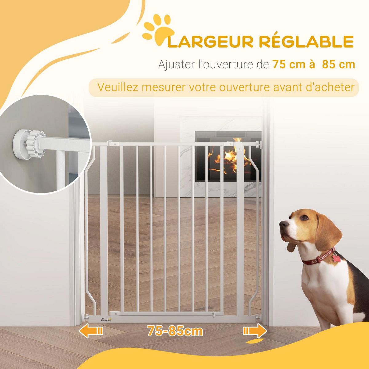PAWHUT Barrière de sécurité barrière pour animal domestique longueur réglable barrière escaliers couloirs portes sans perçage en acier et ABS dim. 75-85L x 76H cm blanc