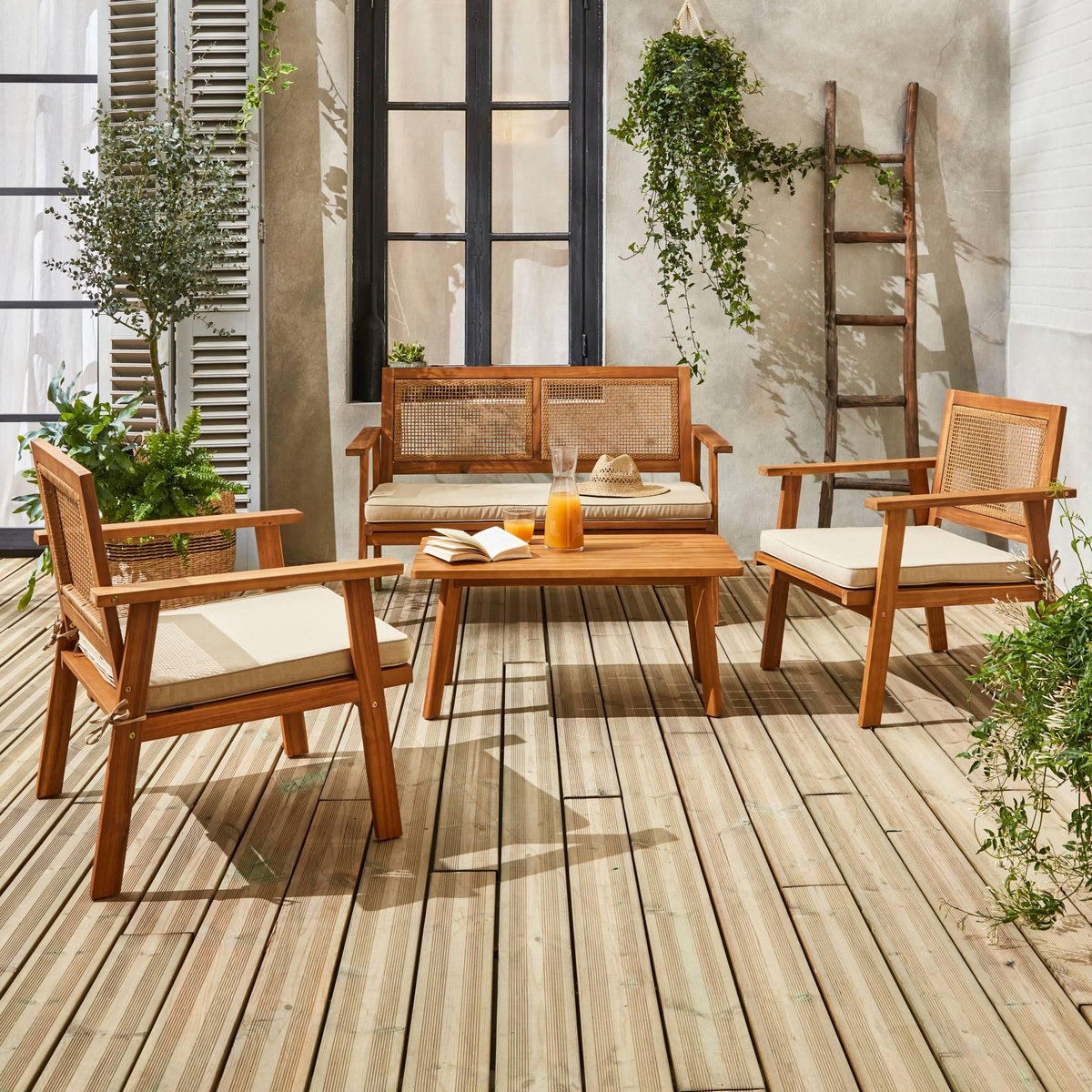 SWEEEK Salon de jardin en bois et cannage canapé 2 places, 2 fauteuils, 1 table basse - Bohémia 117x64x74 cm