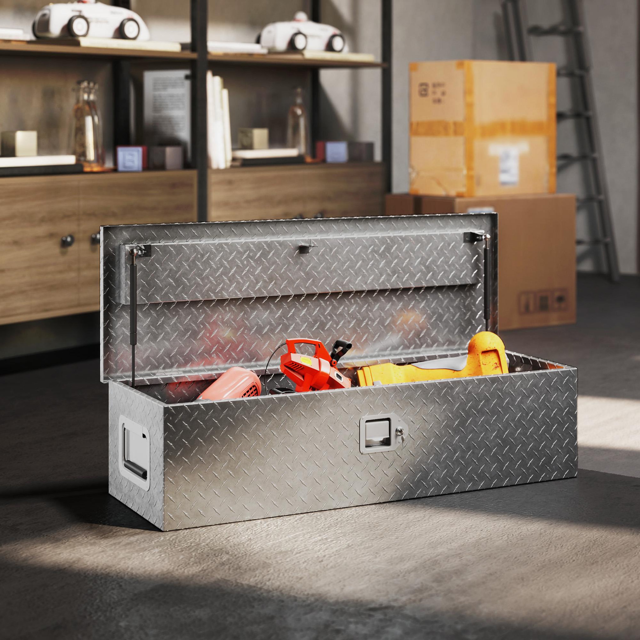 Voir la diapositive 2 : HOMCOM Boîte à outils en aluminium - caisse à outil alu. verrouillage clé vérins poignées - 99 x 33 x 25 cm