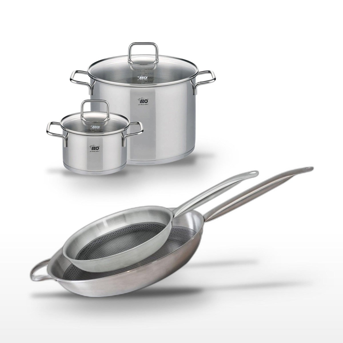 ELO Lot 2 Poêles 28/32cm & 2 Faitouts 20/26cm Elo Relief Solution