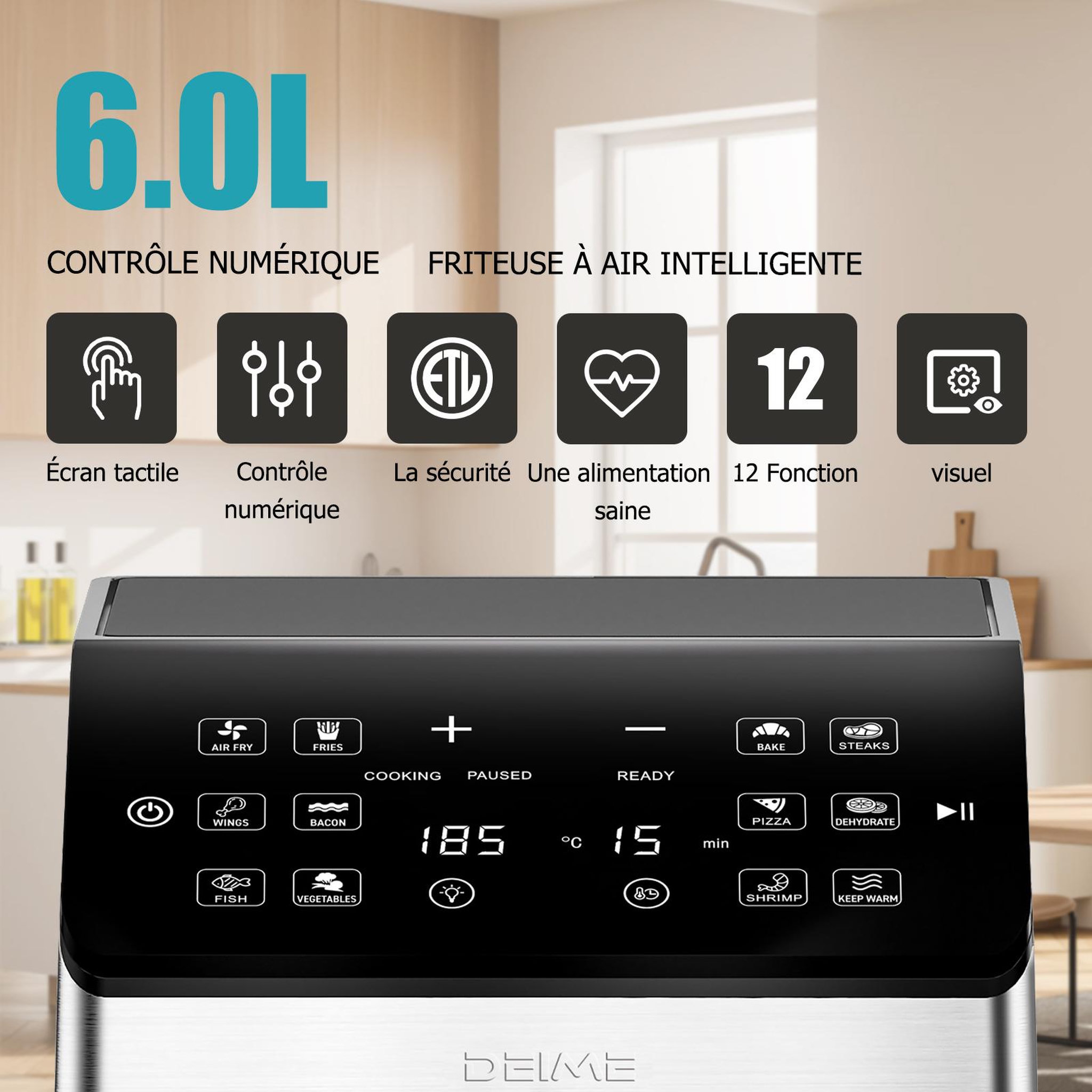 Voir la diapositive 5 : DEIME DEIME - Airfryer 6 l 1700 w 12 programmes écran digital – noir