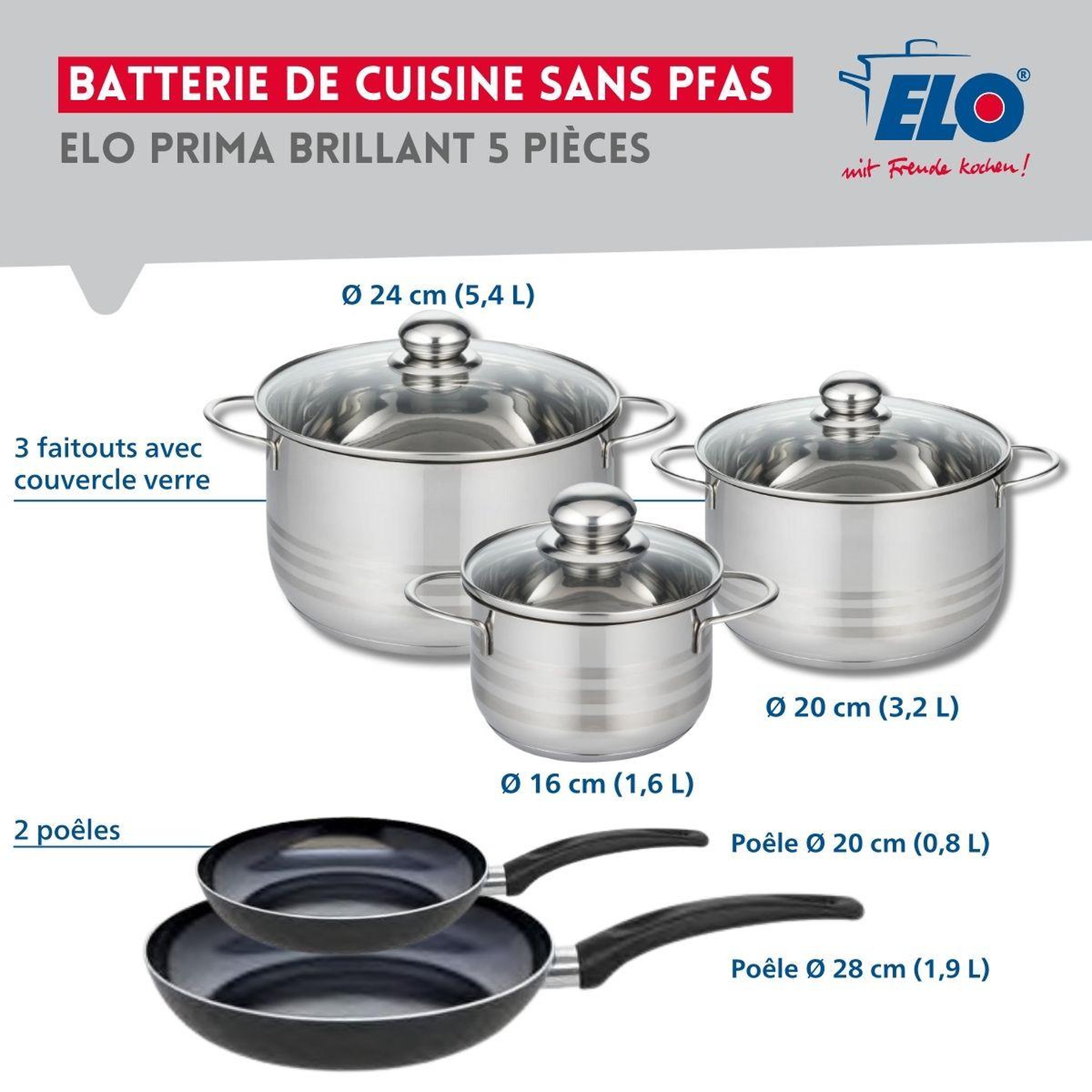 Voir la diapositive 2 : ELO Ensemble de 2 poêles de cuisson 20 et 28 cm et 3 faitouts 16, 20 et 24 cm elo prima brillant