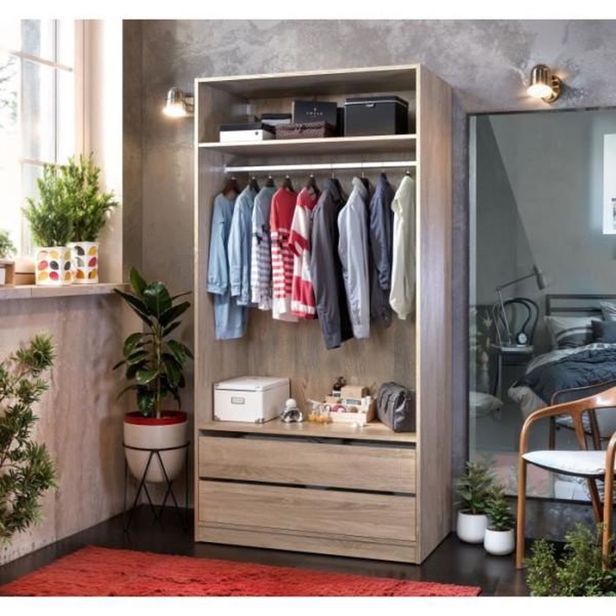 Voir la diapositive 2 : MARKET24 Dressing - Décor Chene - 2 tiroirs - 2 étageres - 1 tringle - L100 x P57 x H200 cm
