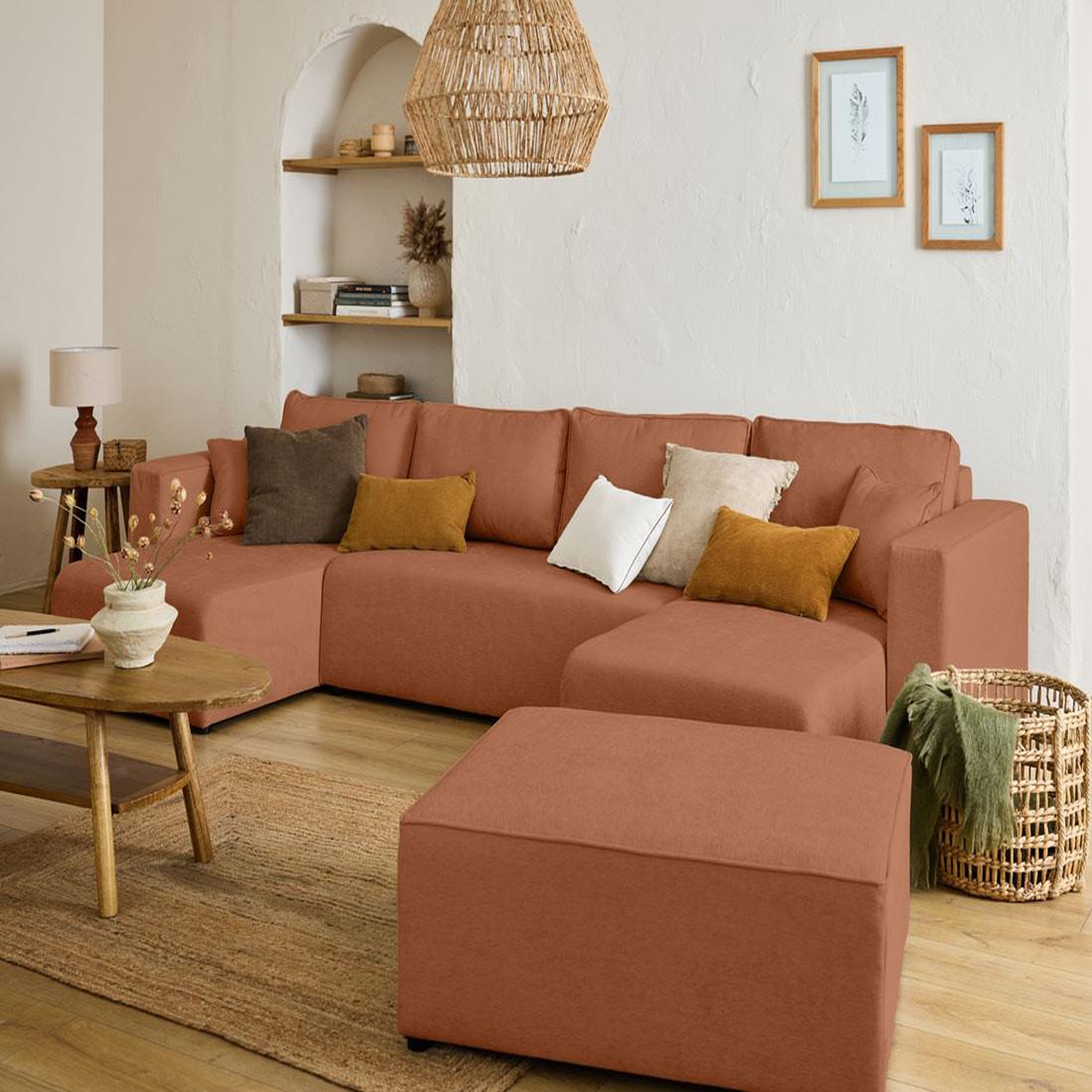 Voir la diapositive 2 : BEST MOBILIER Topaze - canapé panoramique - 7 places - convertible avec coffre - en tissu