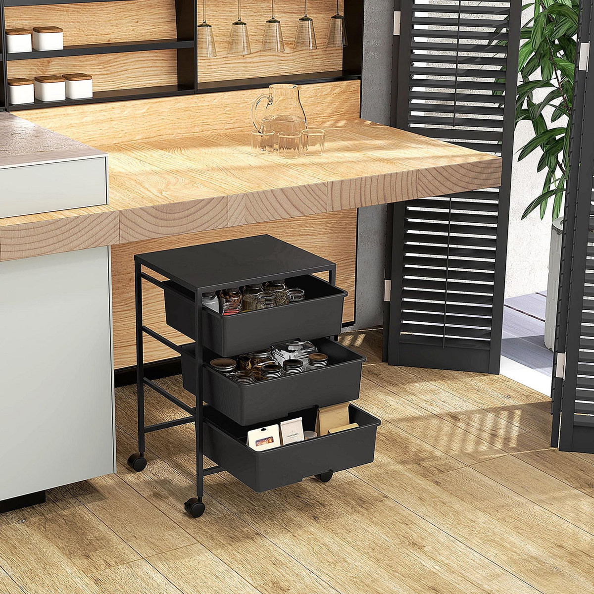 HOMCOM Chariot de rangement à 4 niveaux - 3 paniers et plateau - roulettes verrouillables - acier PP