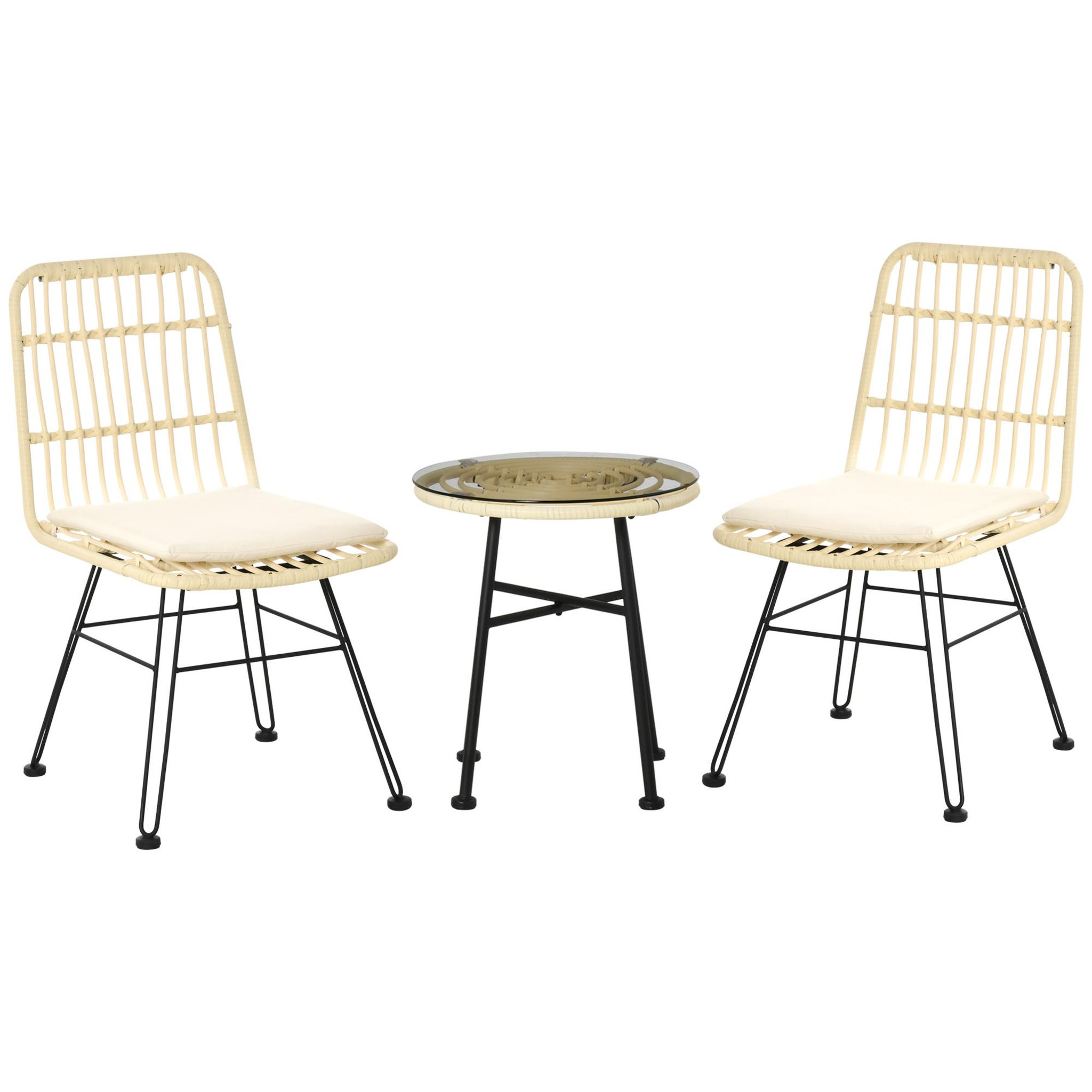 Voir la diapositive 1 : OUTSUNNY Ensemble bistro de jardin 2 places 3 pièces style exotique 2 chaises + table basse ronde métal époxy noir résine tressée beige