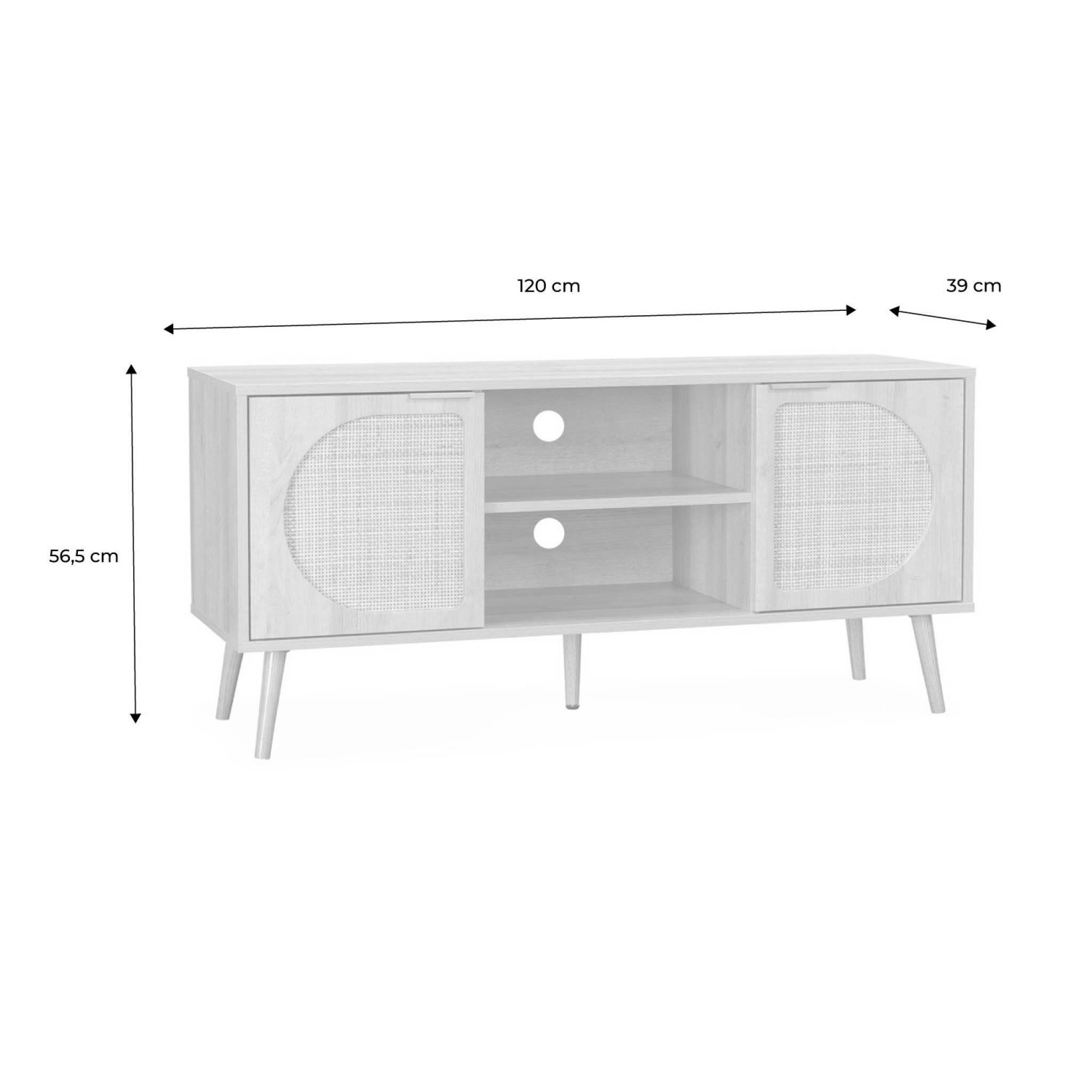 Voir la diapositive 4 : SWEEEK Meuble TV. Eva. décor bois et cannage arrondi 2 portes. 1 étagère L120 x l39 x H56.5cm