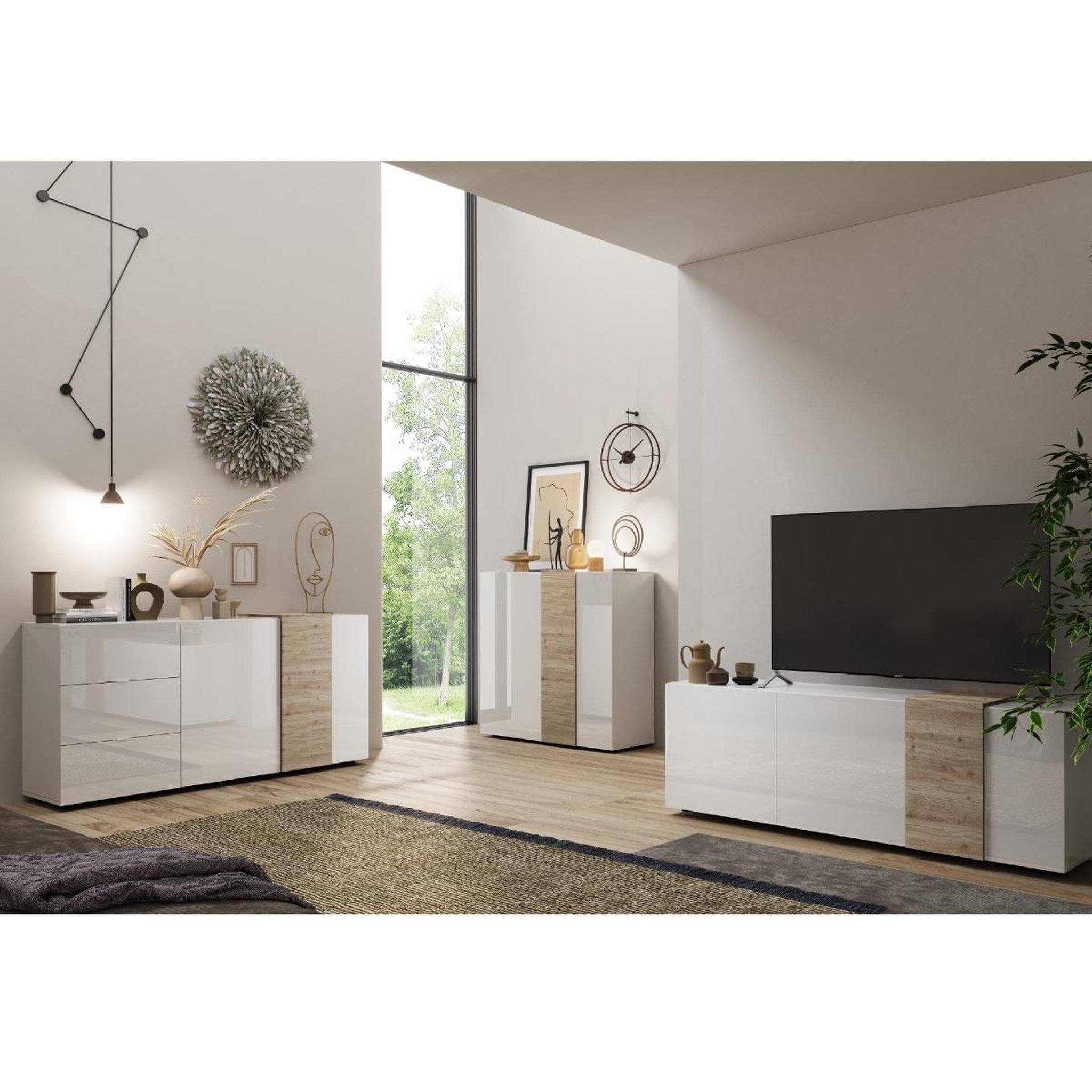 Voir la diapositive 5 : JLC KREATION Buffet bas moderne blanc et bois 2 portes-3 tiroirs SIA