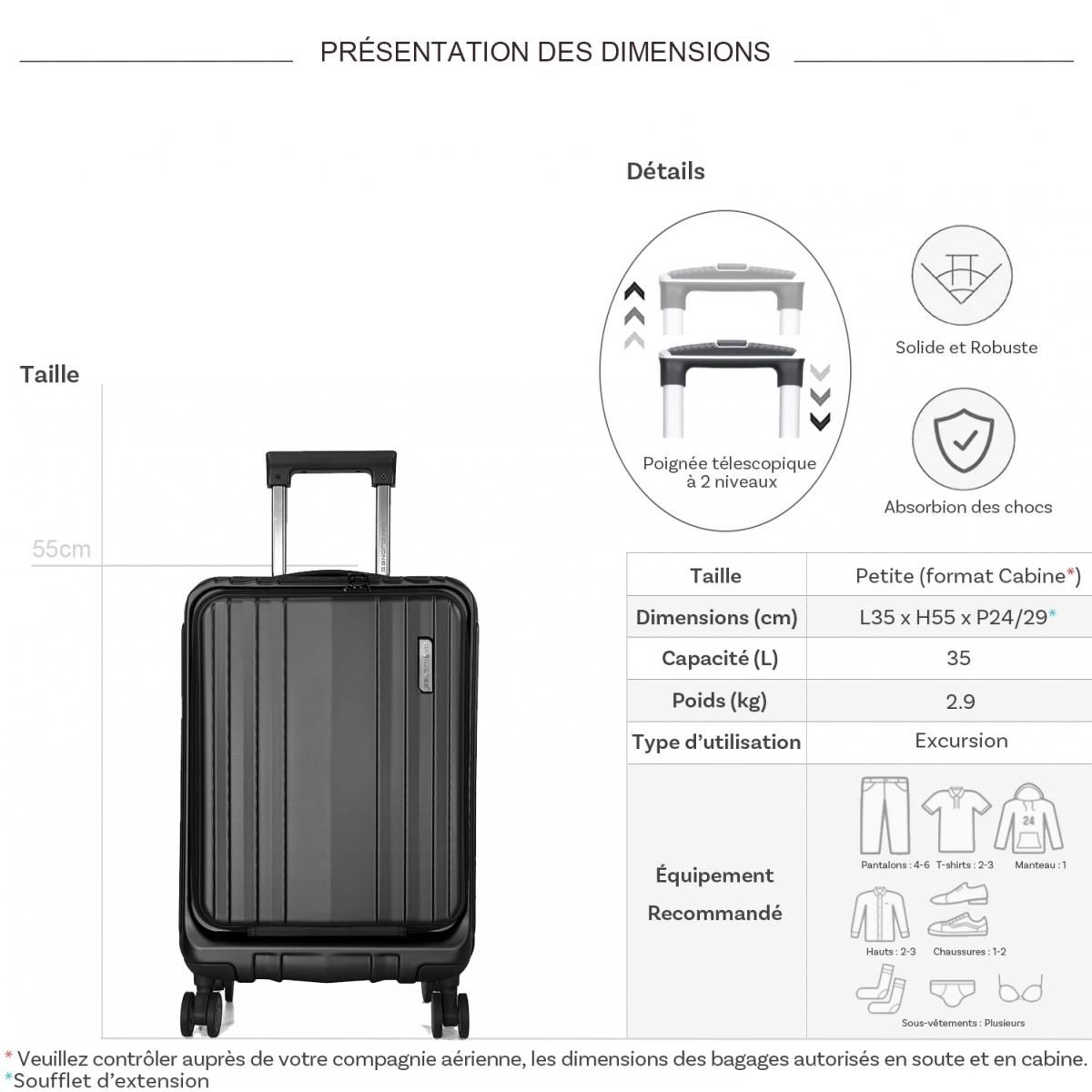 David Jones Valise cabine rigide porte-ordinateur 15.6  TSA 55cm