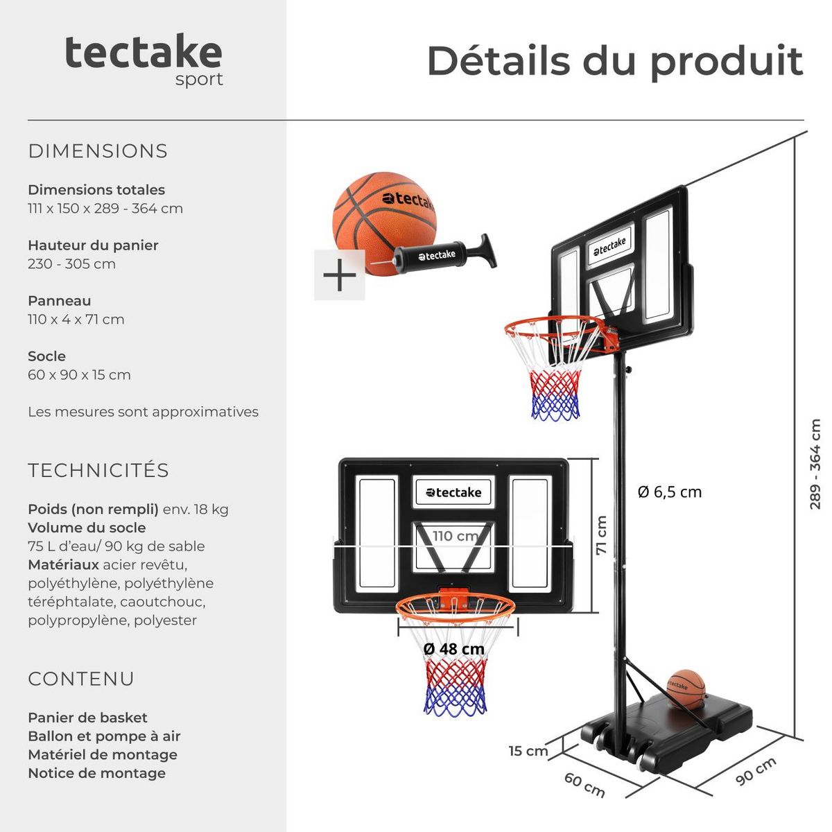 tectake Panier de basket avec ballon et pompe inclus noir