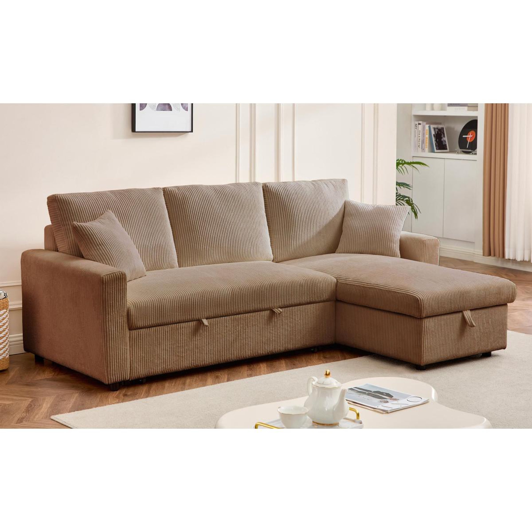Voir la diapositive 5 : Paris Prix Canapé d'angle convertible  en velours côtelé  brooke  230cm taupe