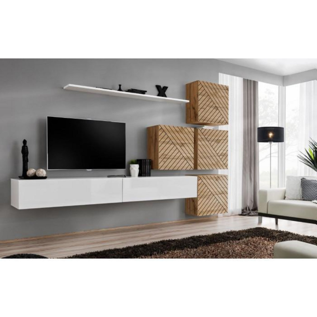 Paris Prix Ensemble Meuble TV  Switch Lamel IX  310cm Blanc & Naturel