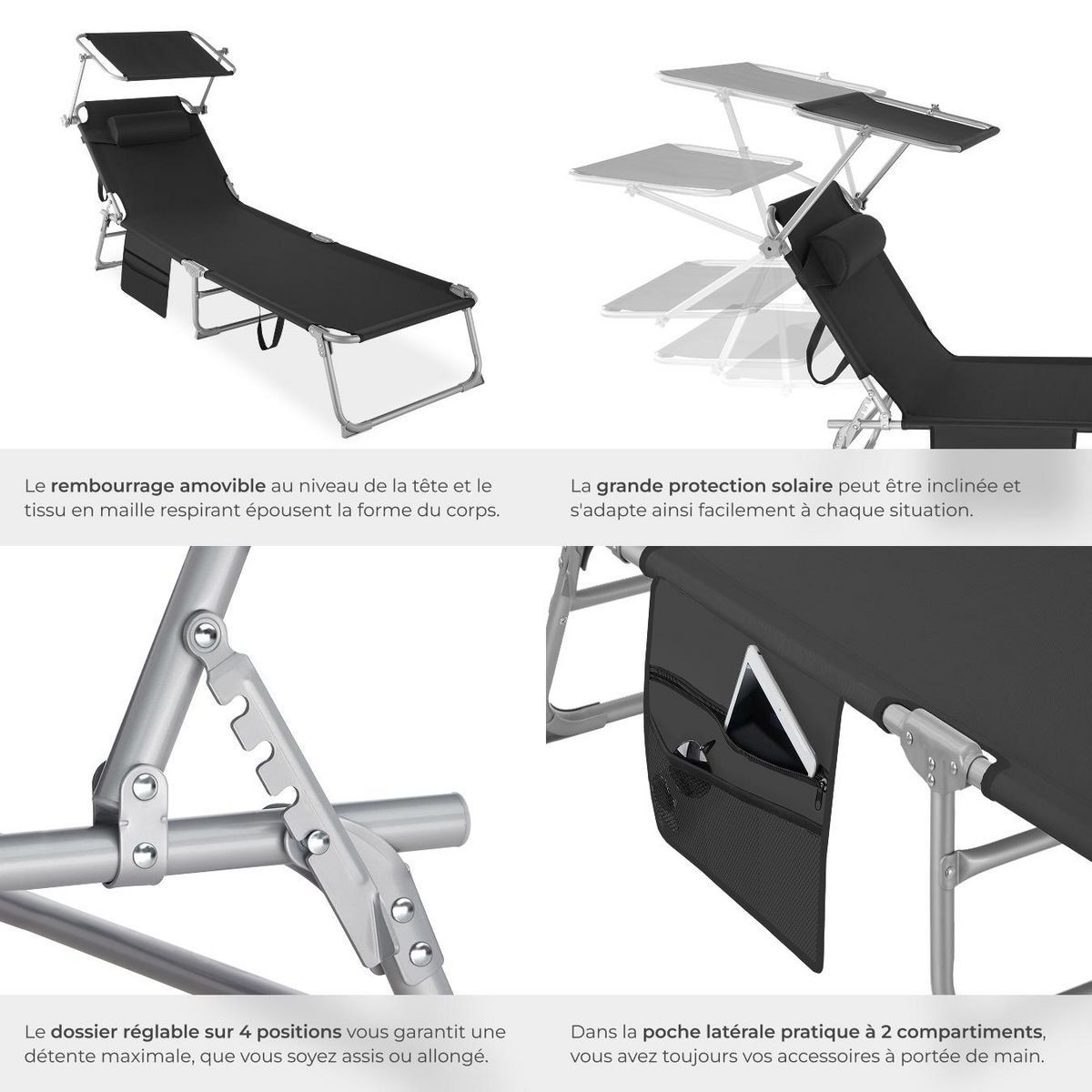 tectake Bain de soleil pliable noir