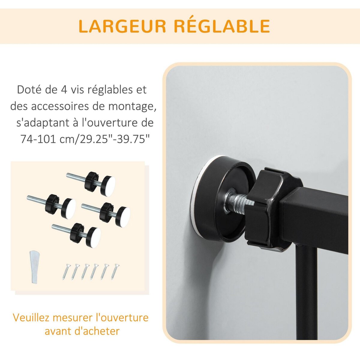 PAWHUT Barrière de sécurité chien H.104 cm - porte double verrouillage - sans perçage - acier noir