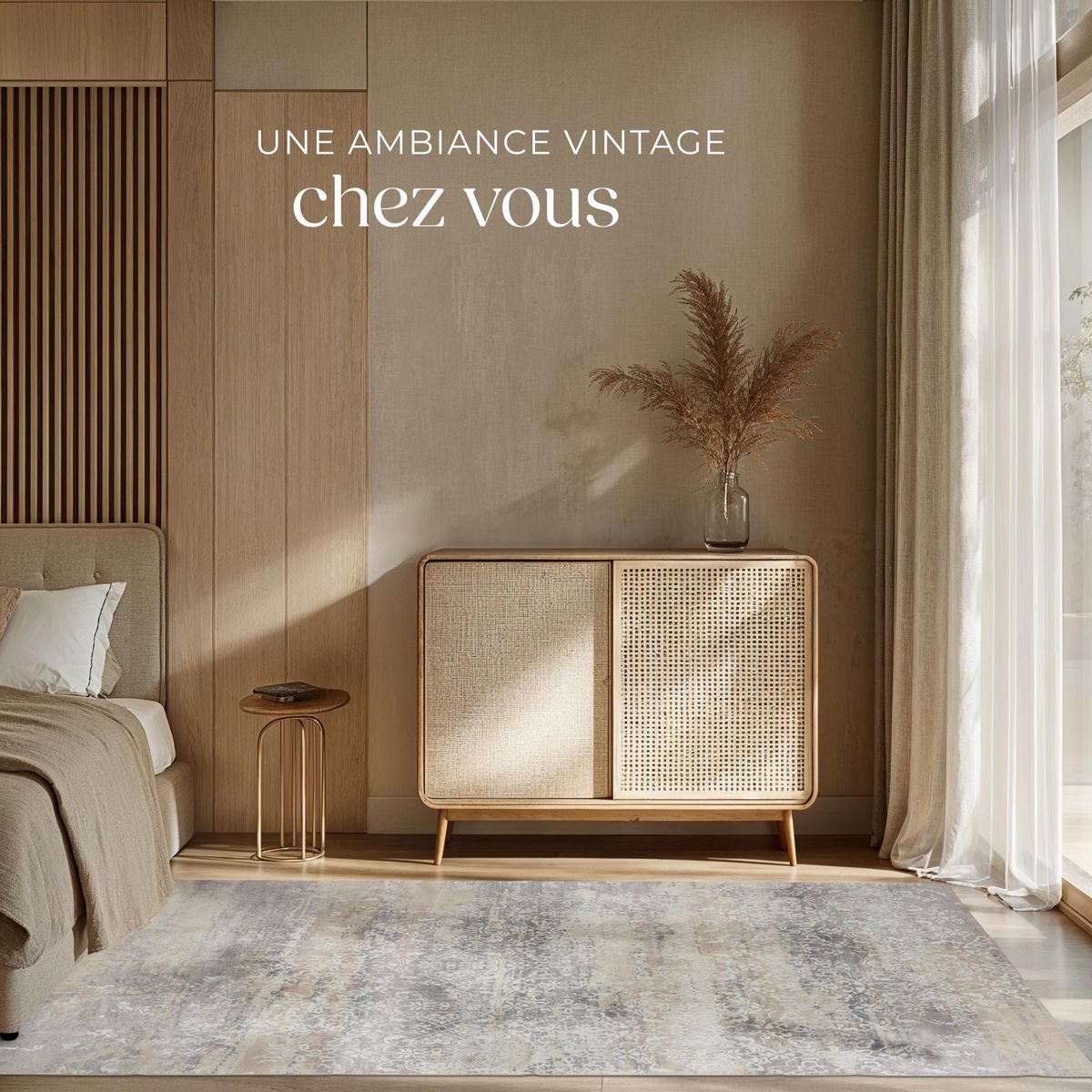 tectake Tapis design vintage à poils courts en laine synthétique et feutre beige 200 x 274 cm