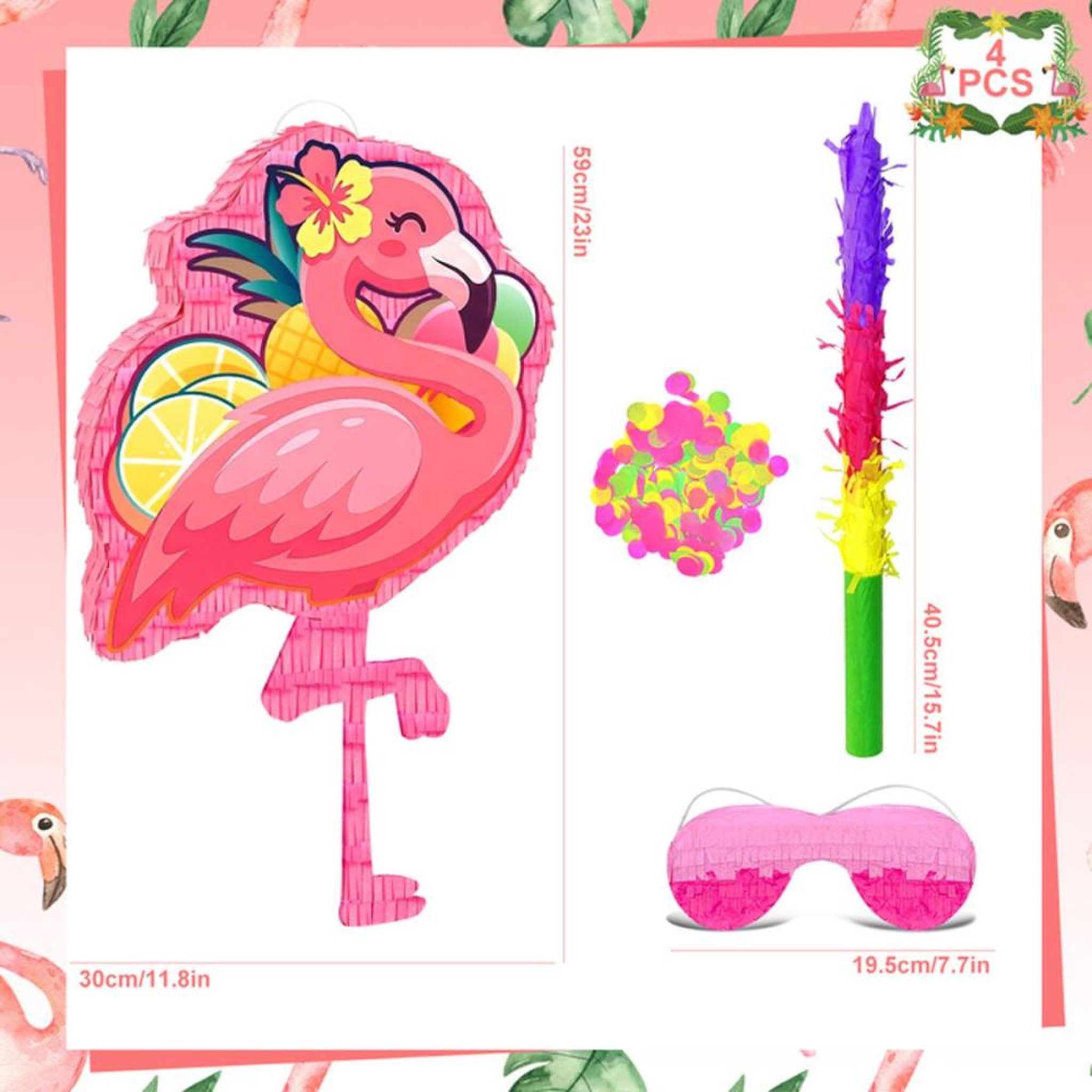 Voir la diapositive 2 : Piñata flamant rose tropical 58 cm, kit décoration hawaïenne avec bâton et masque de jeu