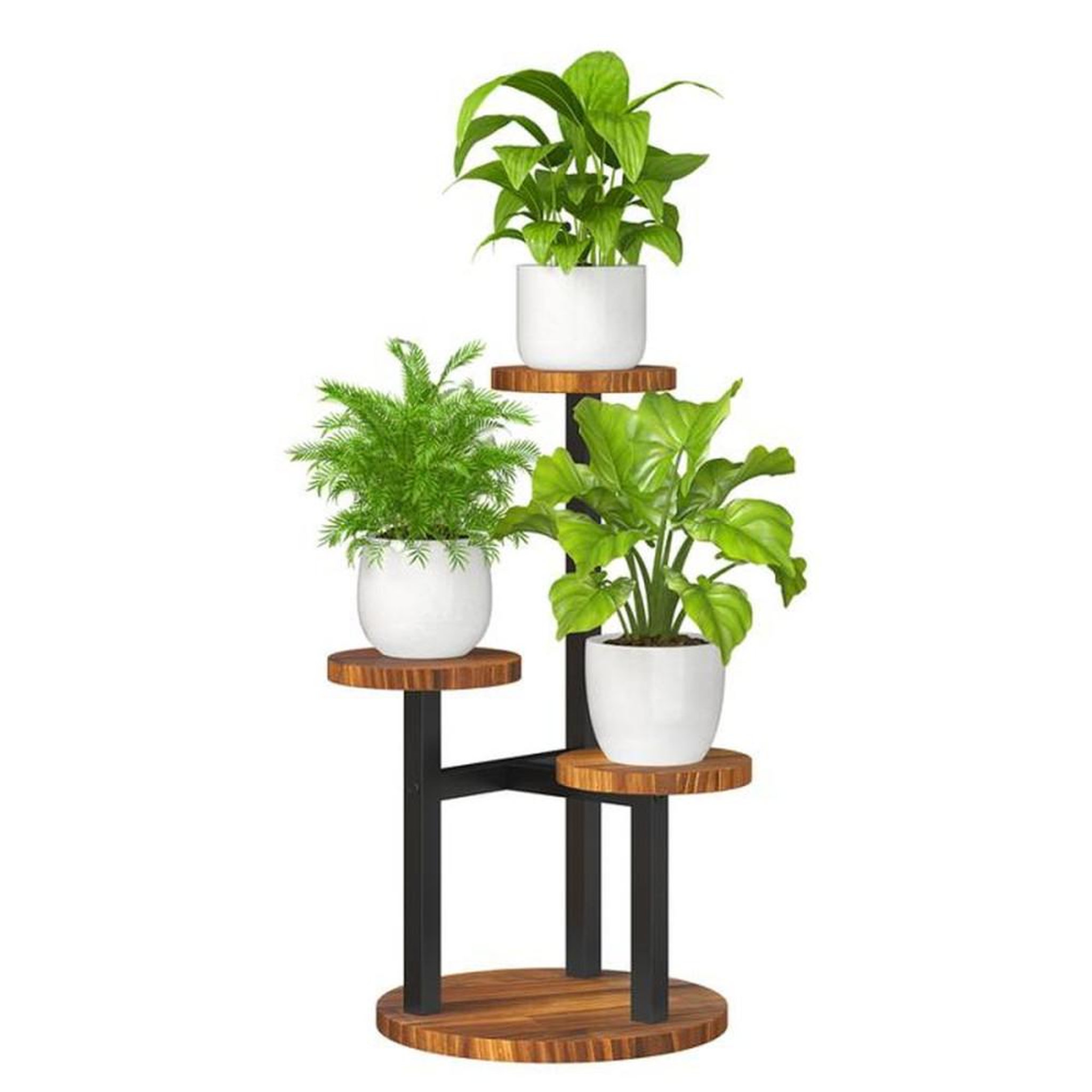 Support à plantes 3 niveaux métal avec tablettes rondes en bois, jaune asymétrique pour intérieur et extérieur