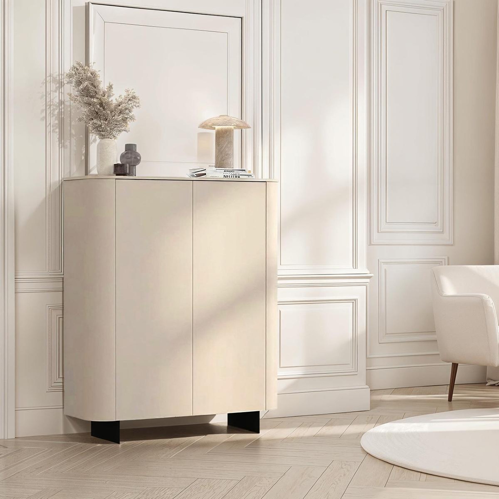 Voir la diapositive 2 : JLC KREATION Argentier-bar arrondi 2 portes beige cachemire isabela