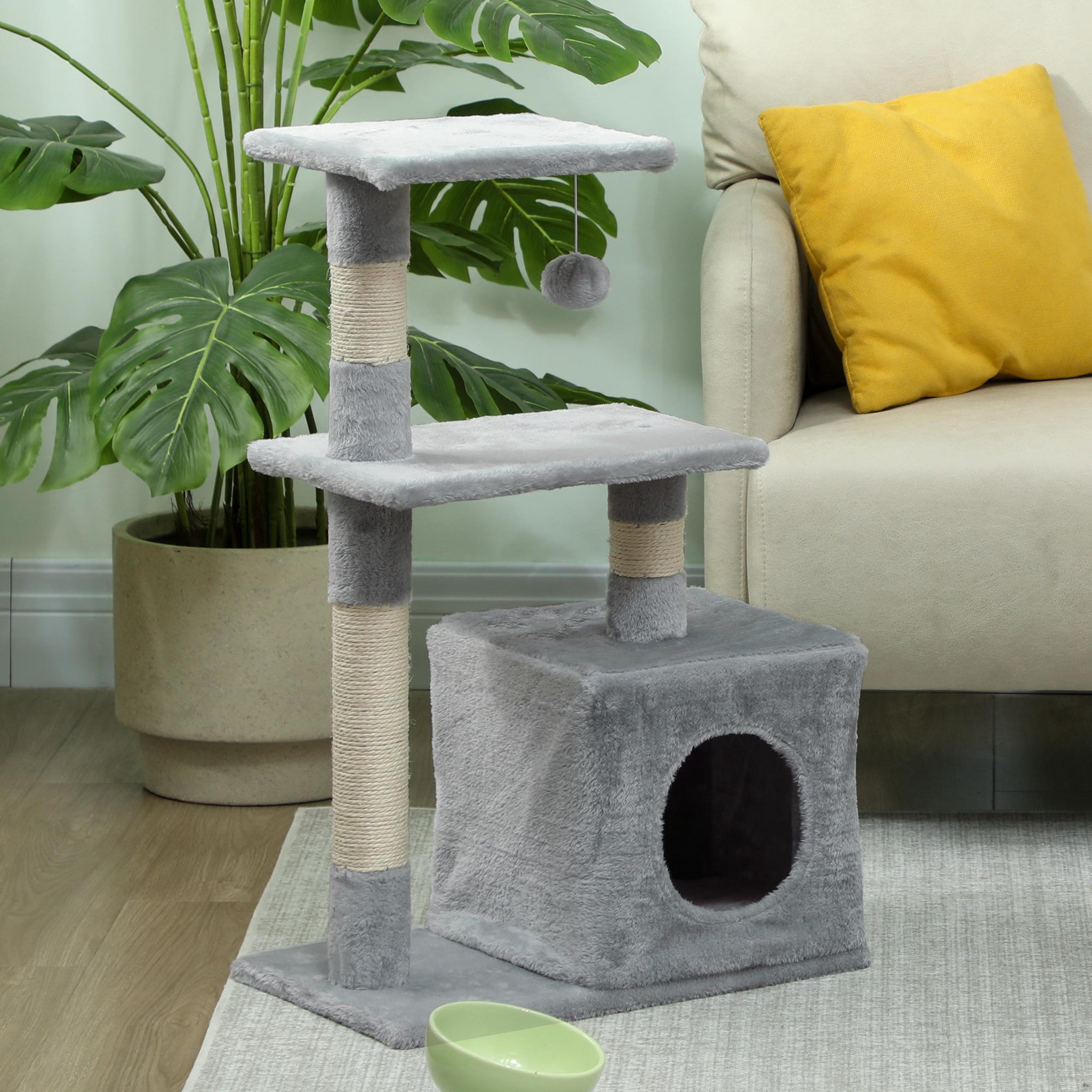 Voir la diapositive 2 : PAWHUT Arbre à chat h.81cm niche 3 griffoirs 2 plateformes jeu boule suspendue gris