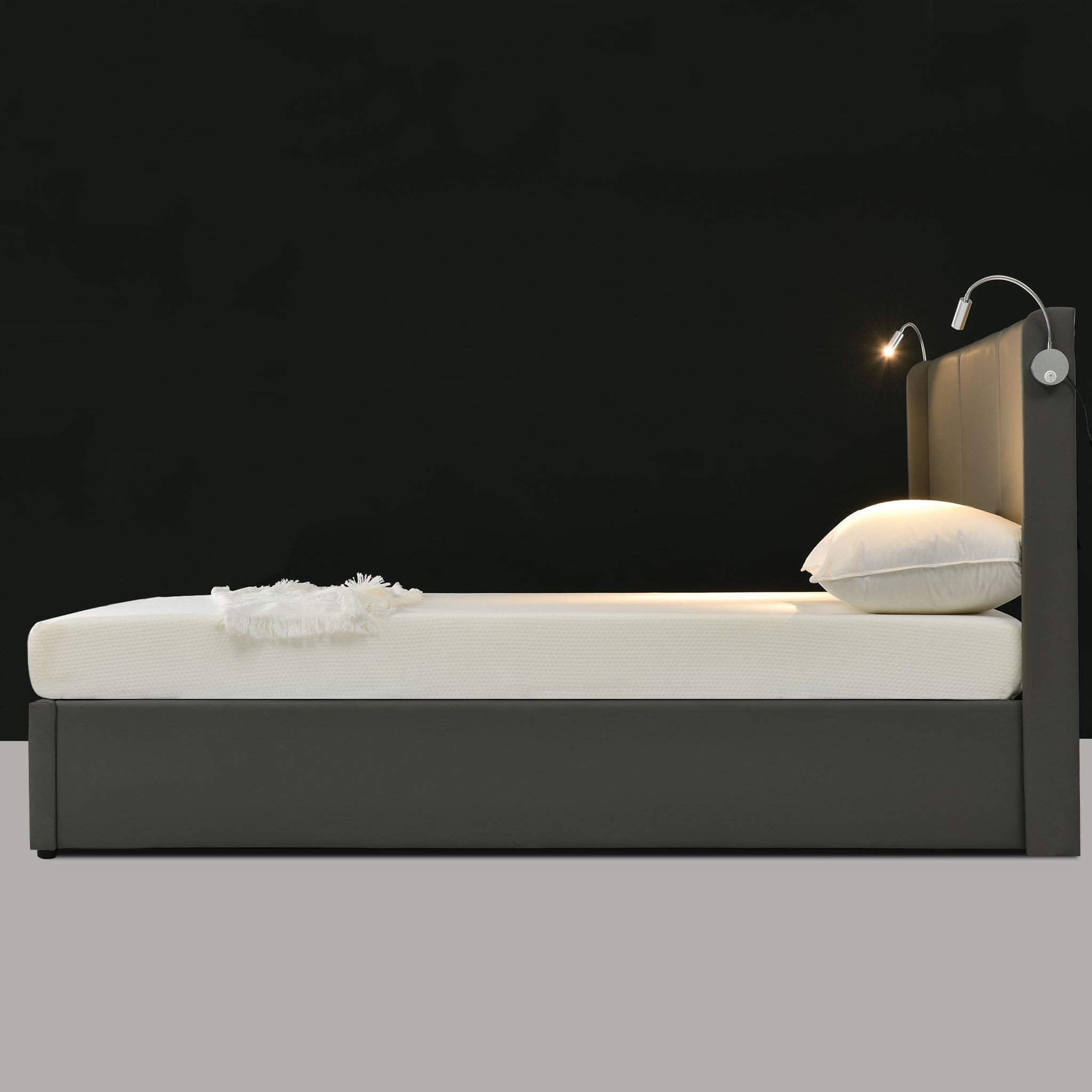 Voir la diapositive 3 : MERAX Lit Rembourré Coffre  Lin Avec USB Et 2 Lampes De Lecture