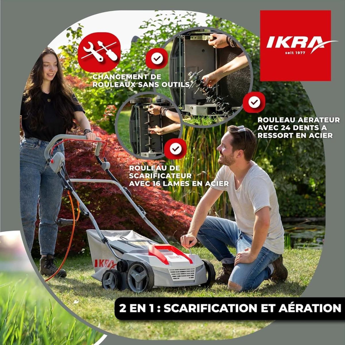 Ikra Scarificateur Démousseur électrique 1800W Profondeur de travail 23cm Bac à herbe 40L Aérateur de pelouse Entretien gazon IKRA