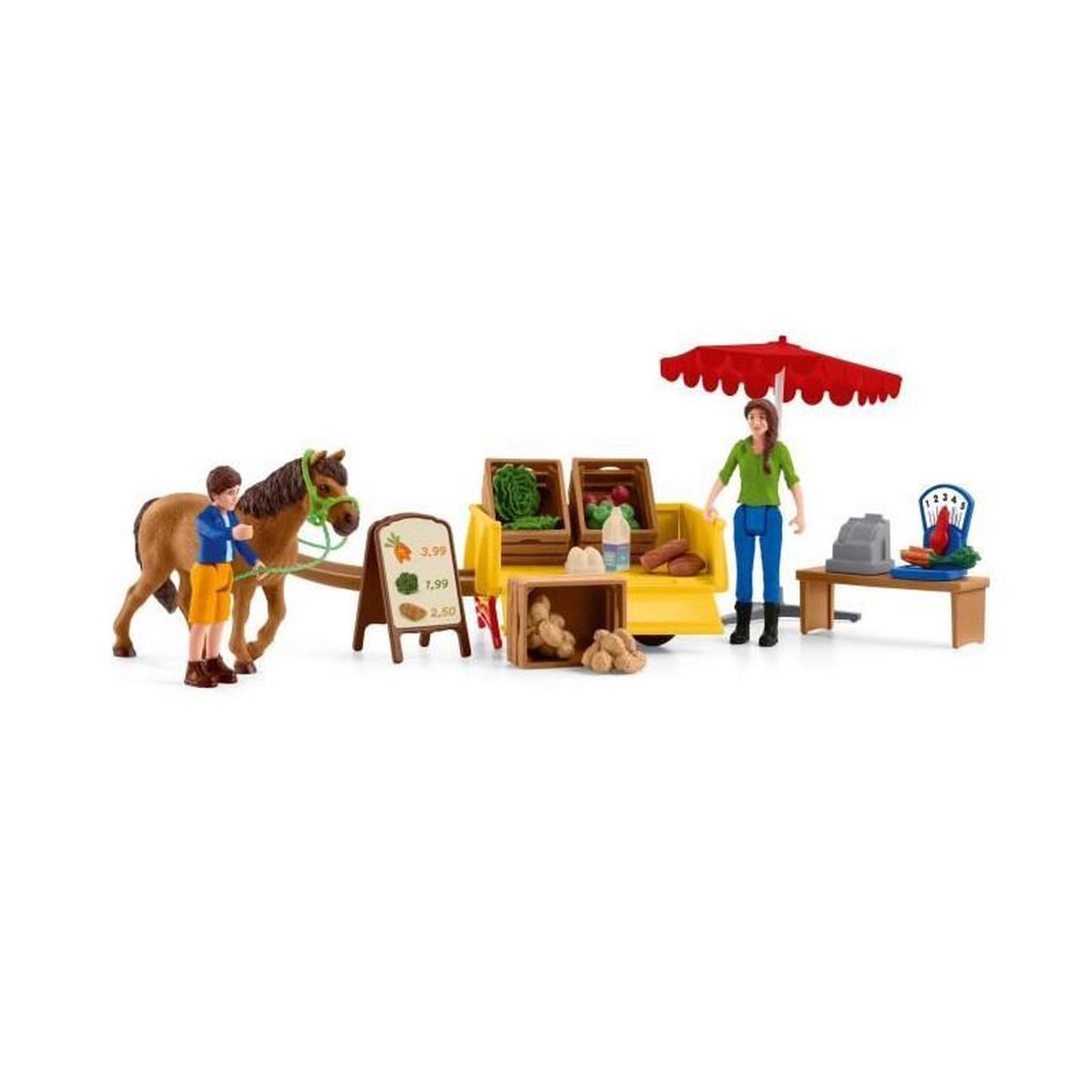 Voir la diapositive 2 : Schleich Étal mobile de la ferme, jeu de ferme avec figurines de fermiers, cheval et étal de marchandises, jouets animaux de la ferme p