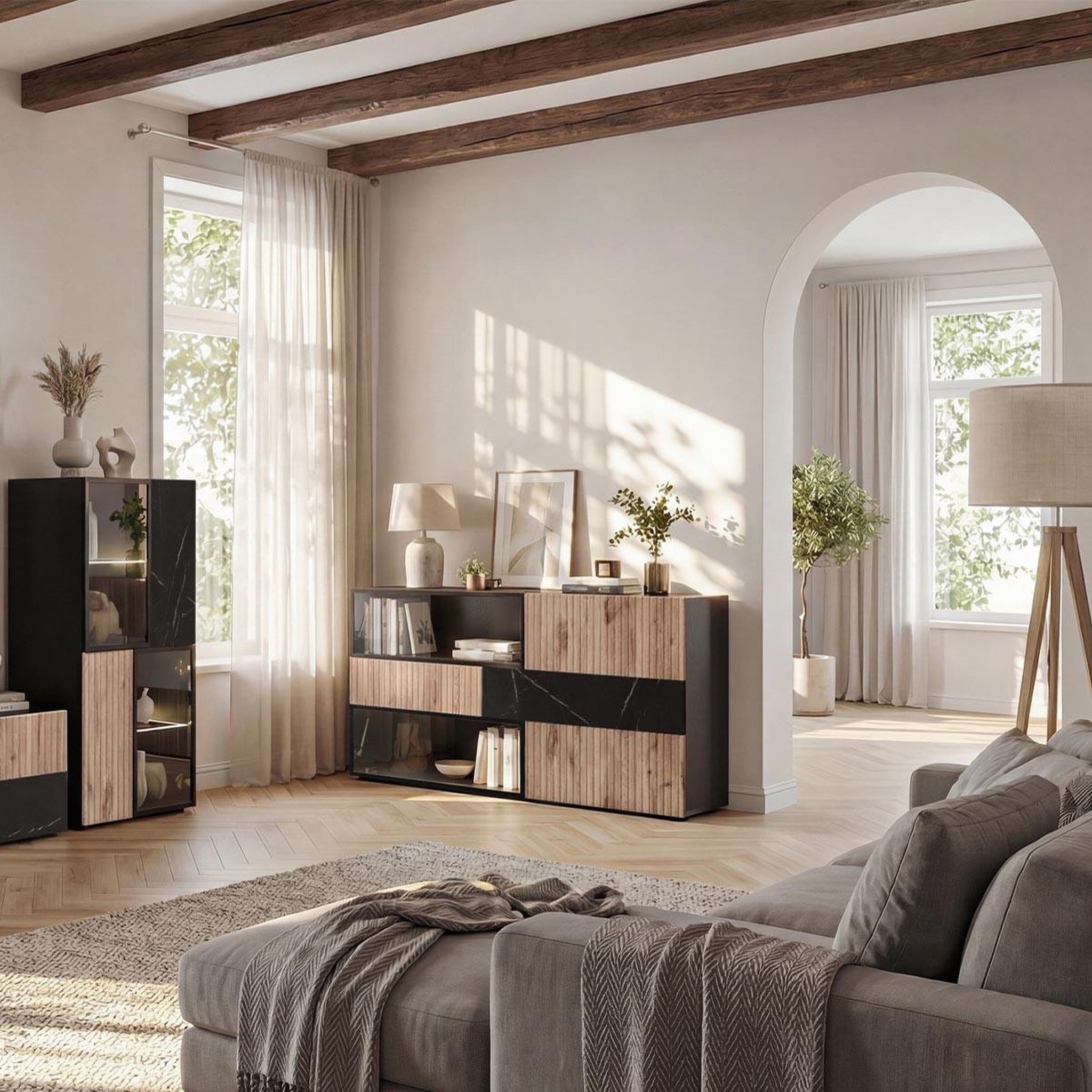 Voir la diapositive 3 : Paris Prix Buffet 3 portes & 1 tiroir  cannes  160cm noir & naturel
