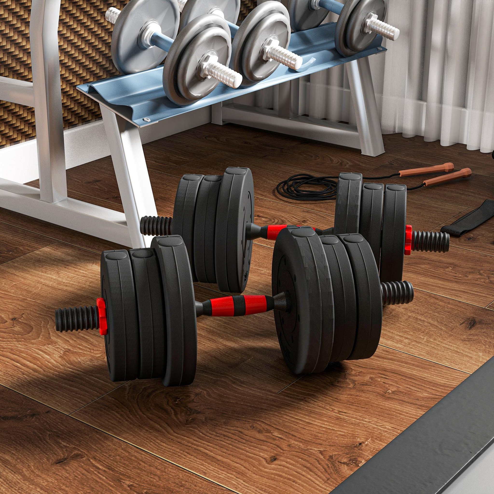 Voir la diapositive 4 : HOMCOM Ensemble d'haltères courtes total 20 kg - barres incluses - entraînement musculaire & haltérophilie - acier hdpe noir rouge