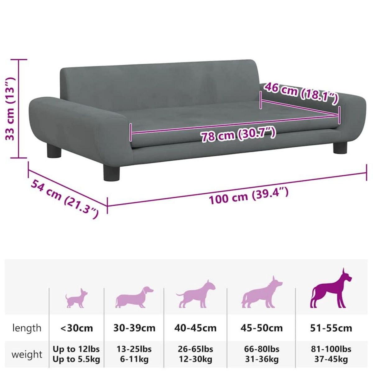 VIDAXL Lit pour chien gris fonce 100x54x33 cm velours