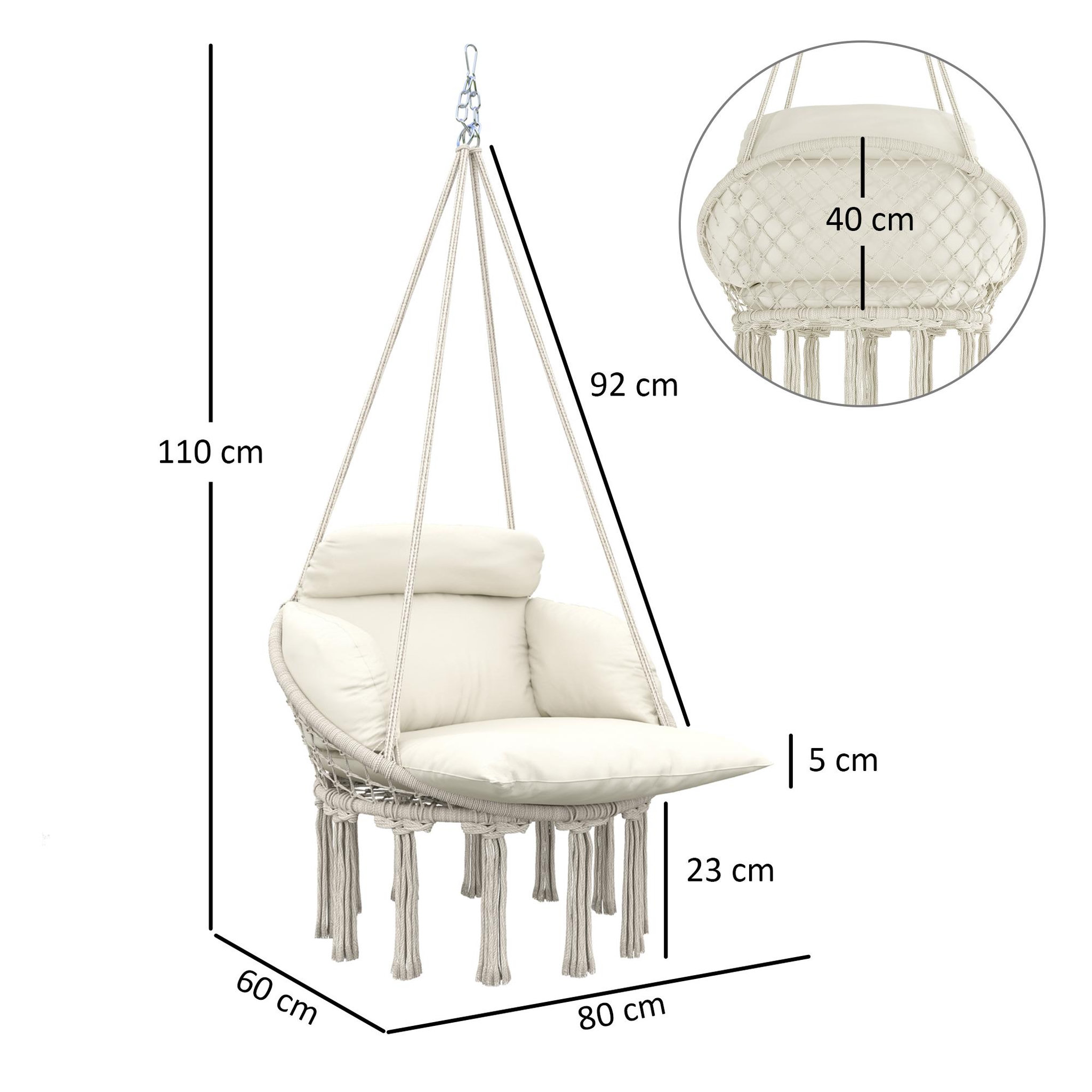 Voir la diapositive 3 : OUTSUNNY Chaise suspendue de jardin - grand coussin inclus - macramé coton polyester blanc cassé