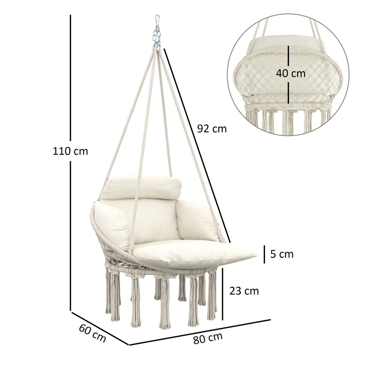OUTSUNNY Chaise suspendue de jardin - grand coussin inclus - macramé coton polyester blanc cassé