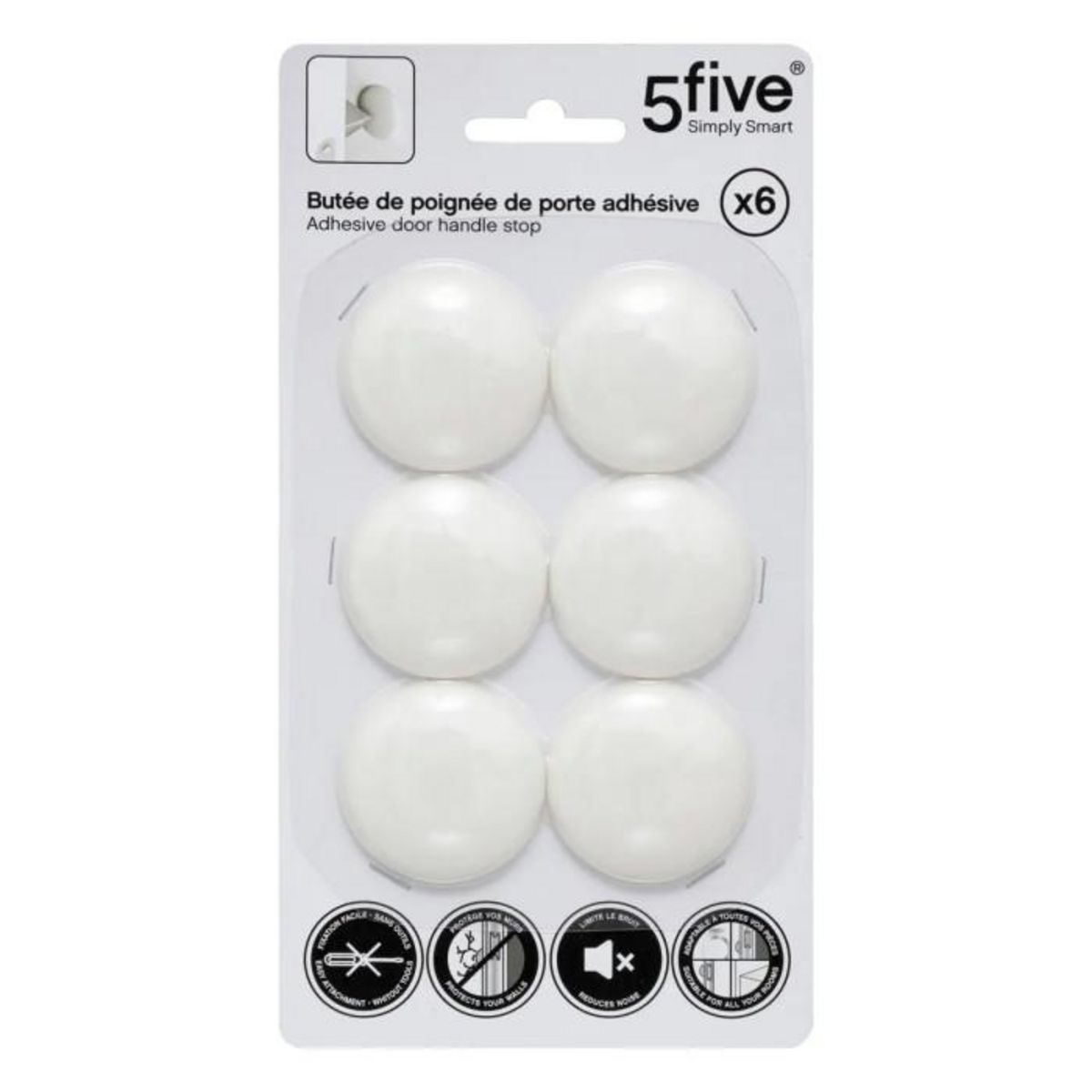 FIVE Lot de 6 Butées Adhésives  Poignée de Porte  4cm Blanc