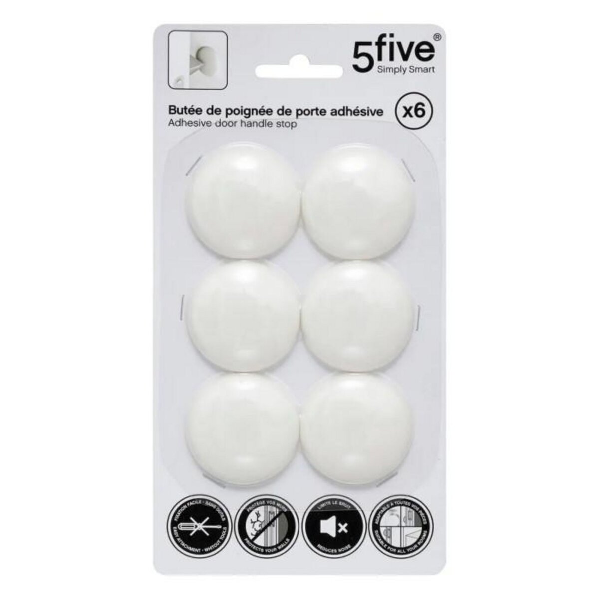 FIVE Lot de 6 Butées Adhésives  Poignée de Porte  4cm Blanc