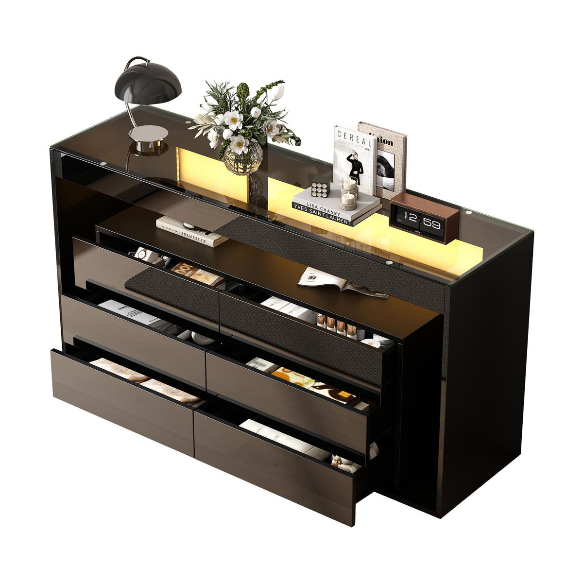 MERAX Buffet 0 porte(s) 6 tiroir(s) - 140 cm noir led panneaux de particules