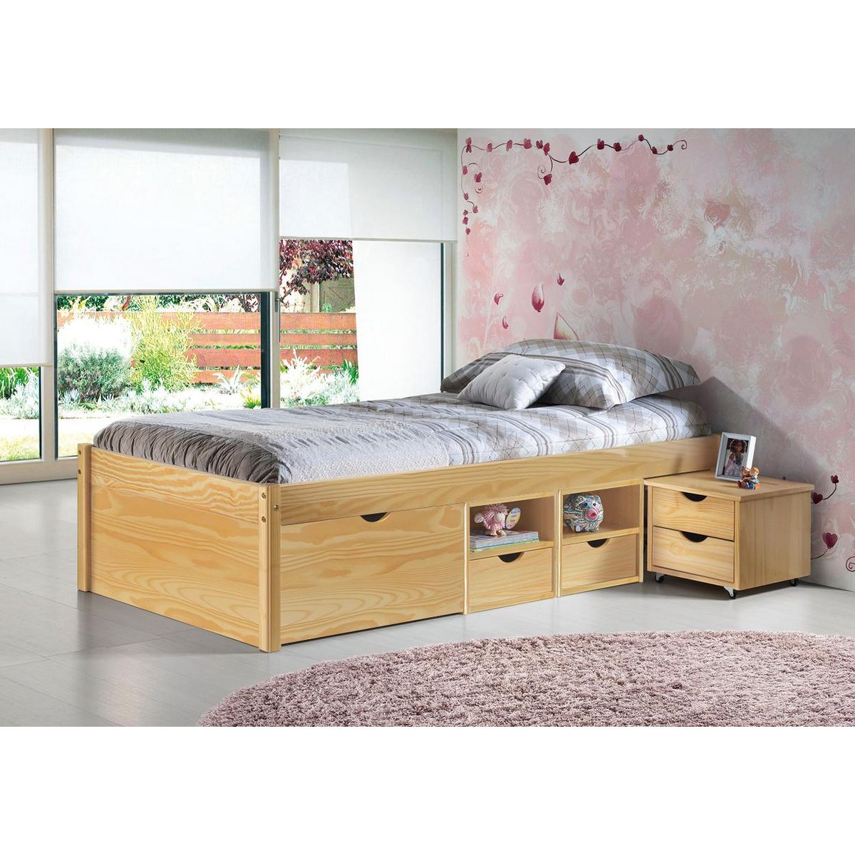 Lit 1 place en pin massif  avec rangement et sommier  90x200 cm SLEEP