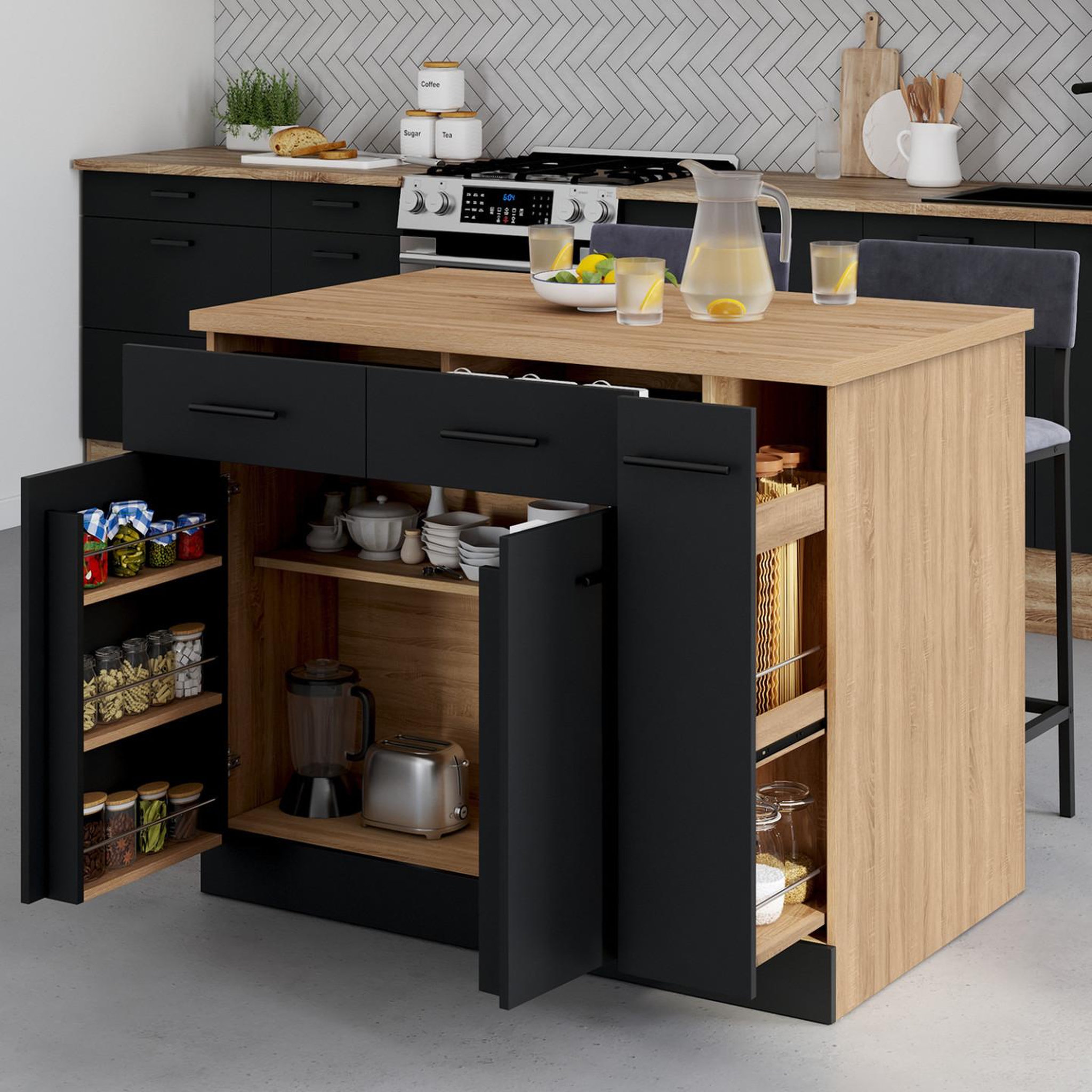 Voir la diapositive 2 : ID MARKET Ilot central alto portes avec rangements, tiroirs, rangement coulissant et plan de travail façon hêtre et noir