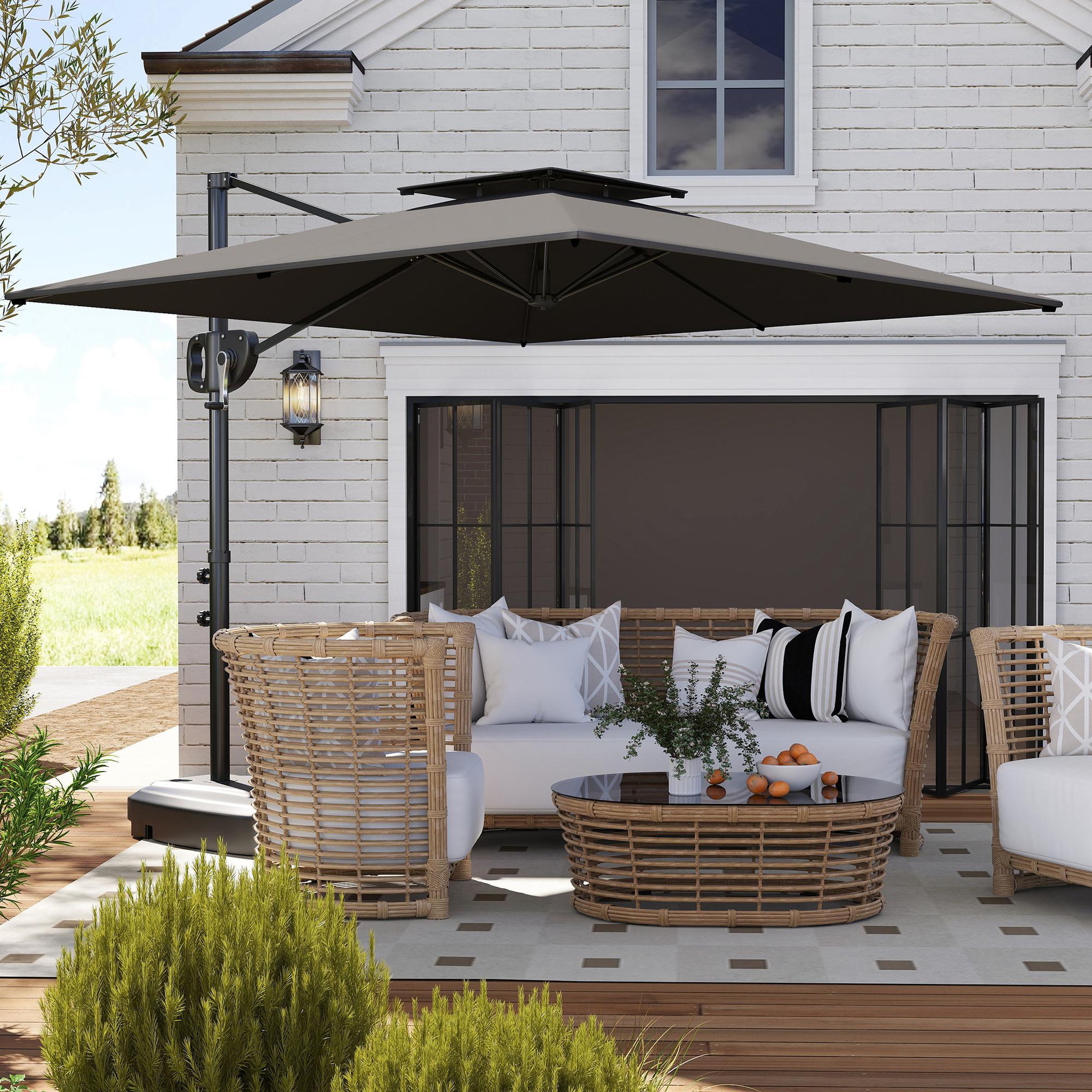 Voir la diapositive 2 : OUTSUNNY Parasol déporté carré 2,5 x 2,5 m avec base de lestage - inclinaison réglable - métal époxy tissu anthracite