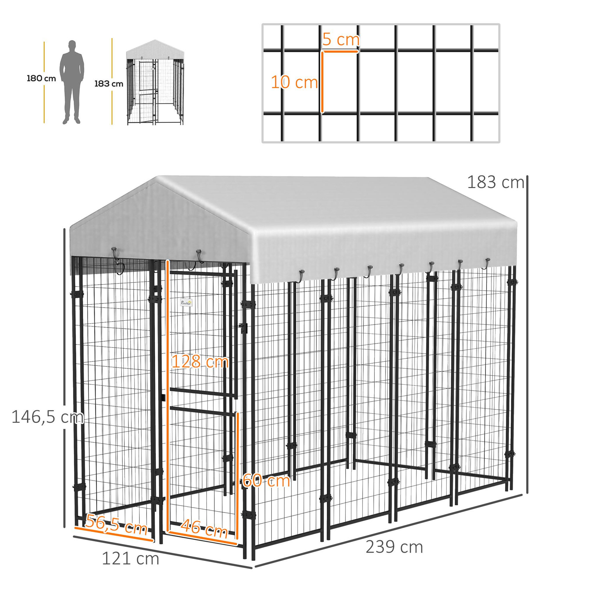 Voir la diapositive 3 : PAWHUT Chenil extérieur chien - cage chien - enclos chien - toile toit imperméable anti-uv, 2 portes verrouillables - acier noir pe gris