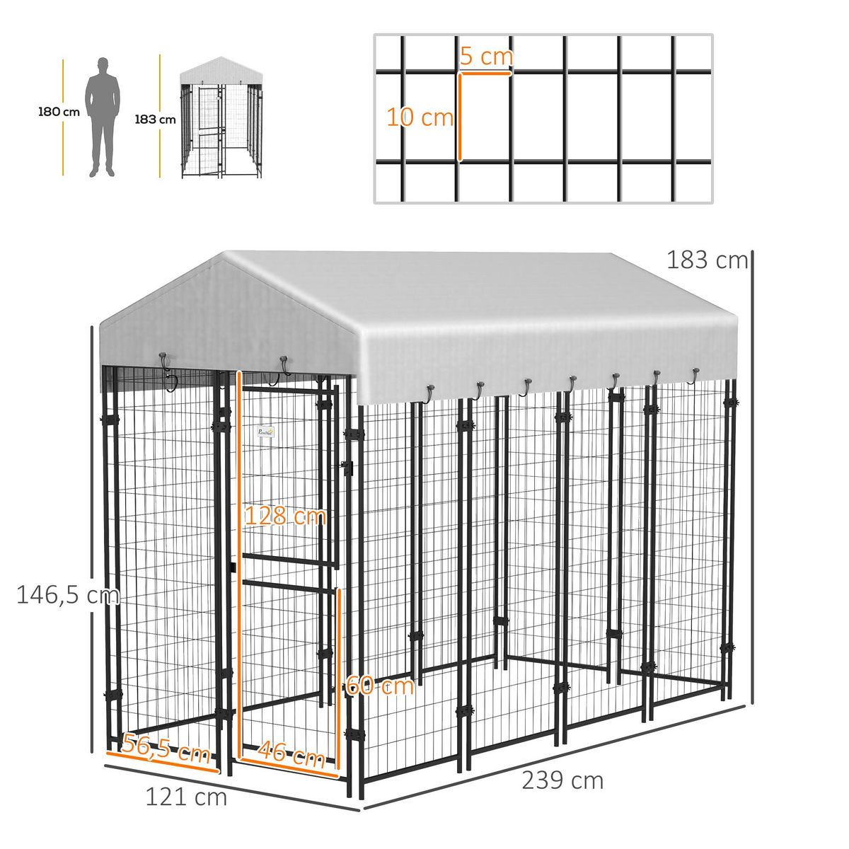PAWHUT Chenil extérieur chien - cage chien - enclos chien - toile toit imperméable anti-UV, 2 portes verrouillables - acier noir PE gris