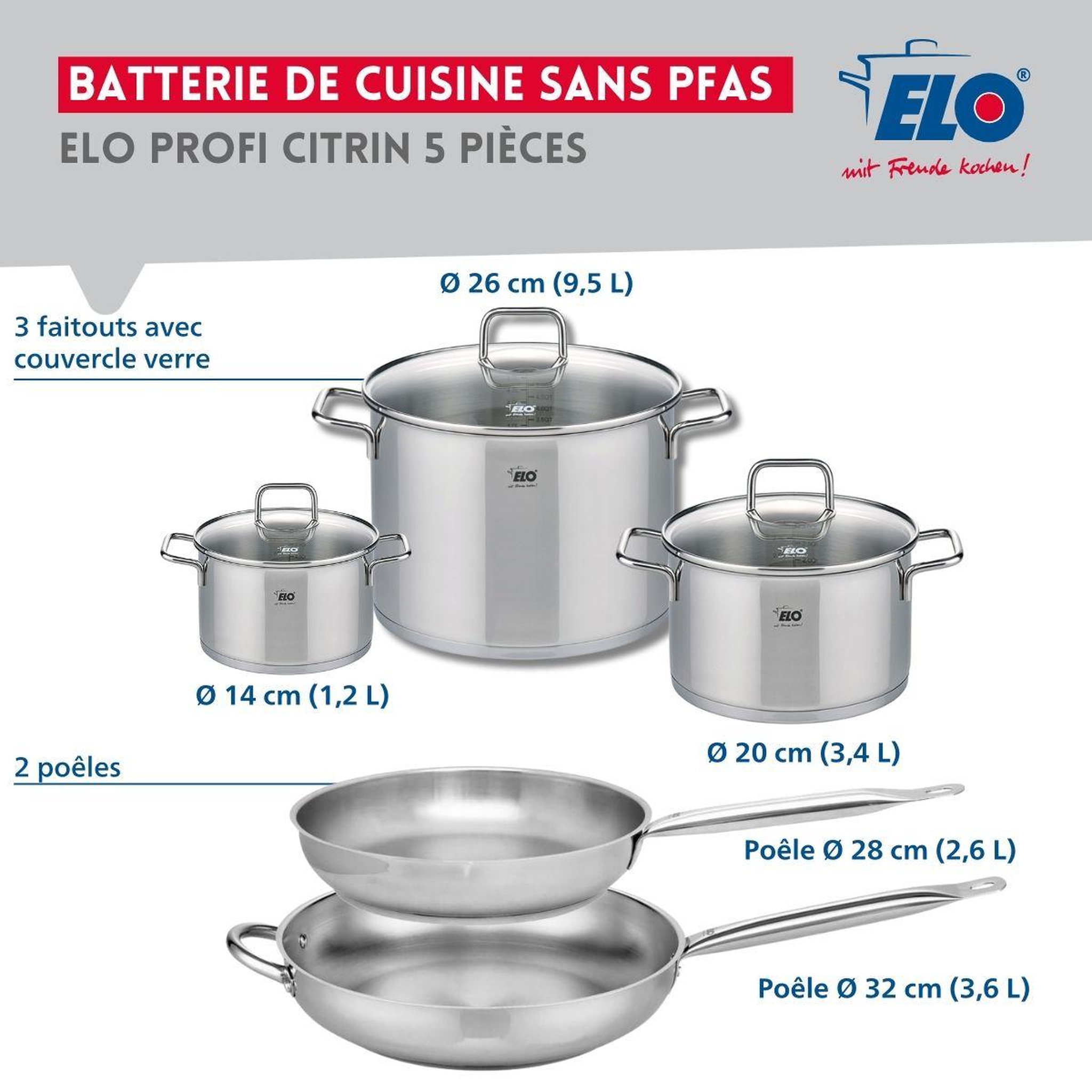 Voir la diapositive 2 : ELO Ensemble de 2 poêles de cuisson 28 et 32 cm et 3 faitouts 14, 20 et 26 cm elo profi citrin