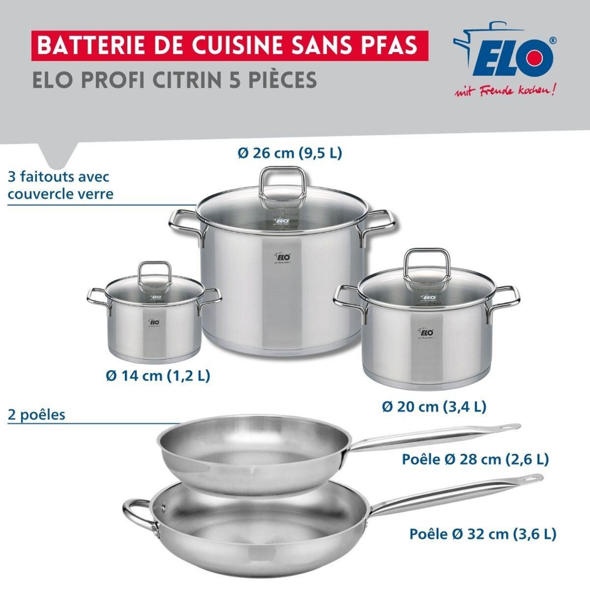 ELO Ensemble de 2 Poêles de cuisson 28 et 32 cm et 3 faitouts 14, 20 et 26 cm Elo Profi Citrin