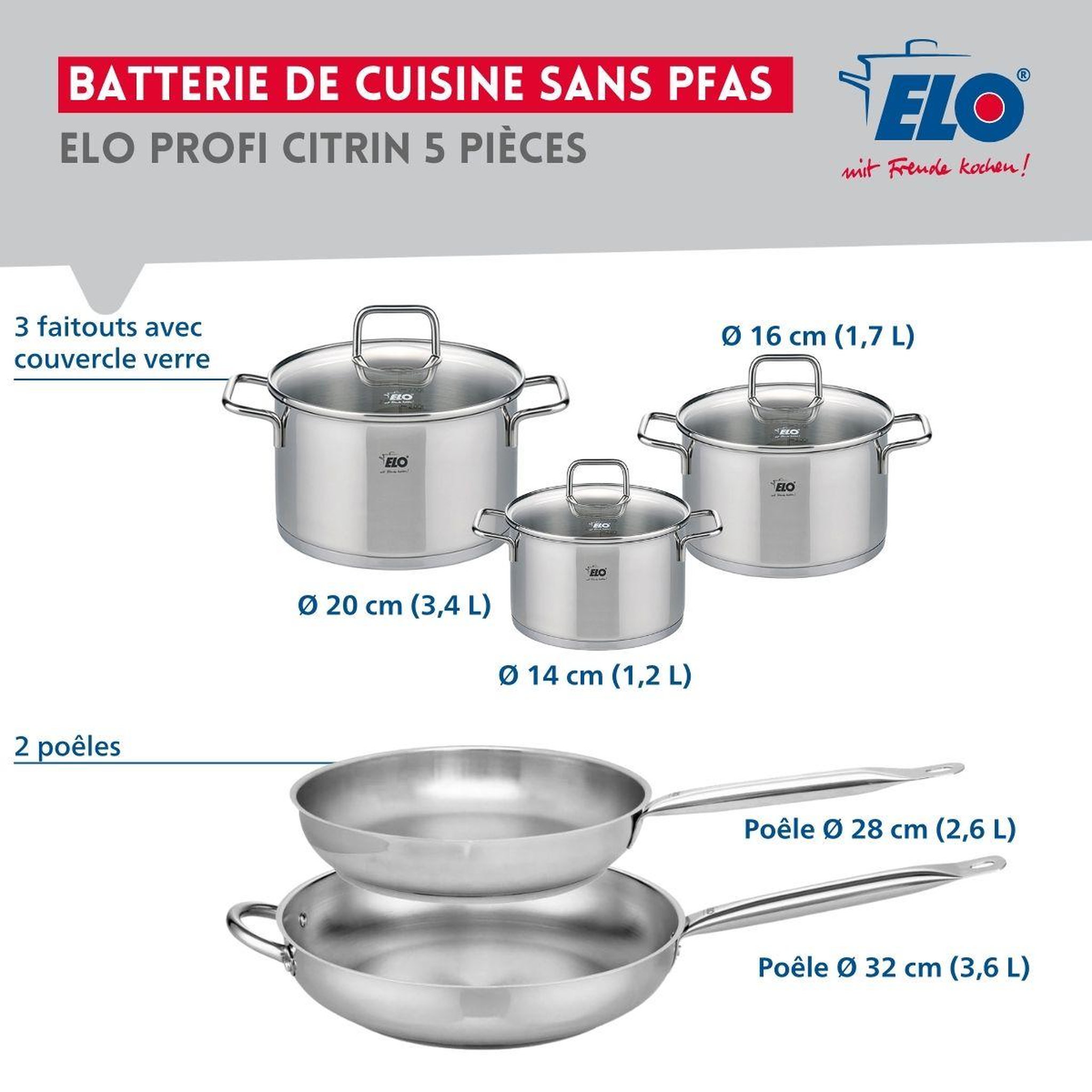Voir la diapositive 2 : ELO Ensemble de 2 poêles de cuisson 28 et 32 cm et 3 faitouts 14, 16 et 20 cm elo profi citrin