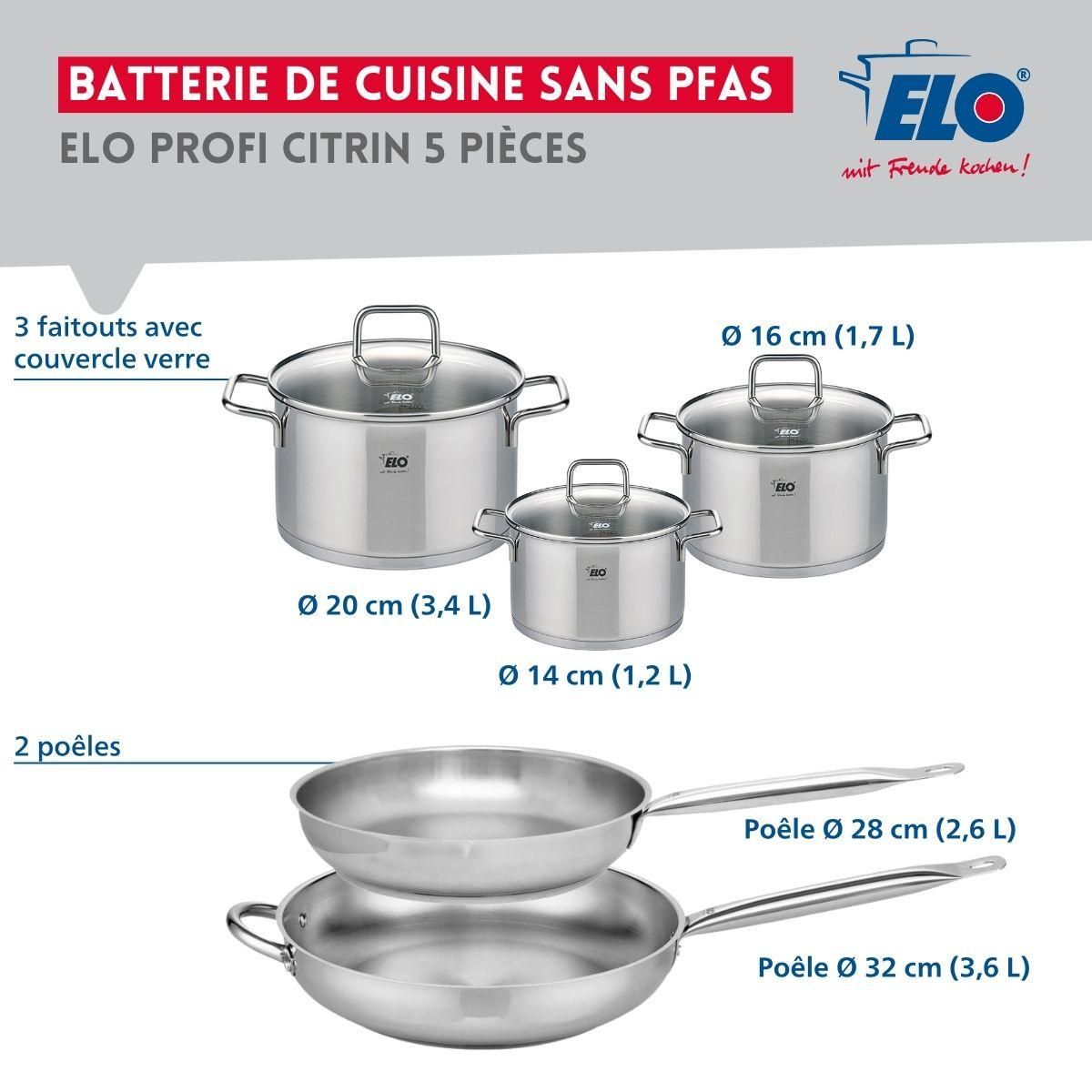 ELO Ensemble de 2 Poêles de cuisson 28 et 32 cm et 3 faitouts 14, 16 et 20 cm Elo Profi Citrin
